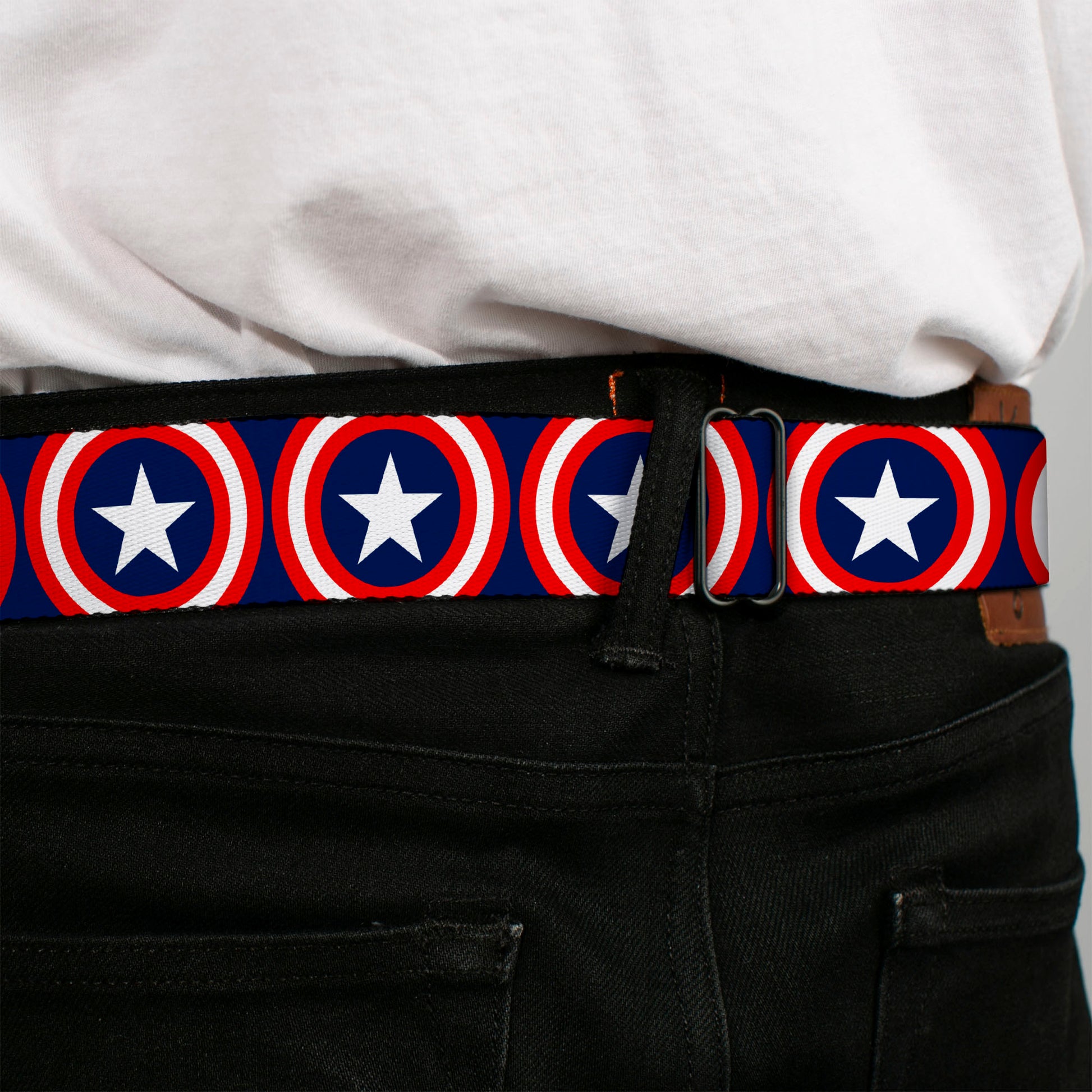Captain America Shield Full Color Navy Seatbelt Belt - Captain America Shield Repeat Navy Webbing Seatbelt Belts Marvel Comics