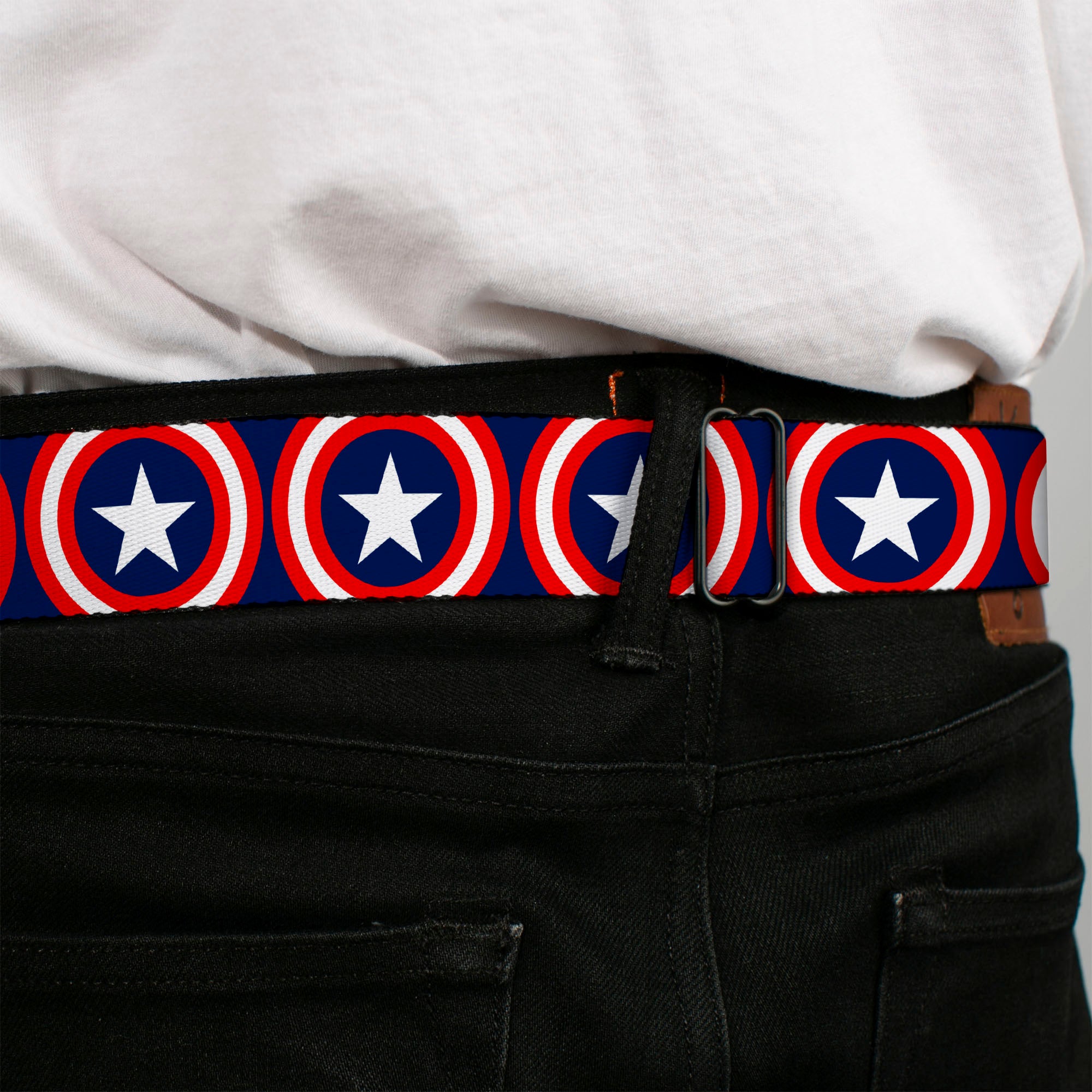 Captain America Shield Full Color Navy Seatbelt Belt - Captain America Shield Repeat Navy Webbing Seatbelt Belts Marvel Comics