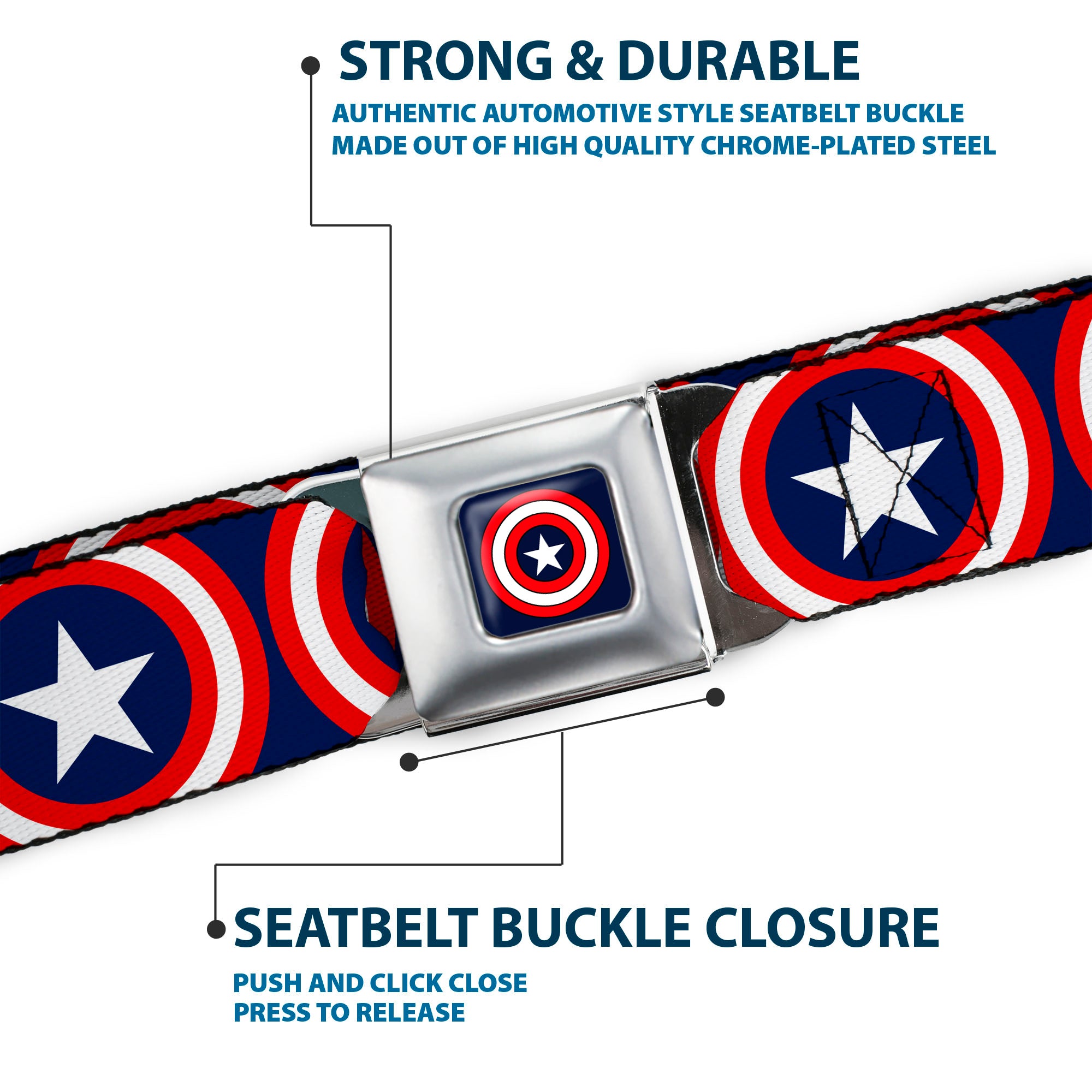 Captain America Shield Full Color Navy Seatbelt Belt - Captain America Shield Repeat Navy Webbing Seatbelt Belts Marvel Comics