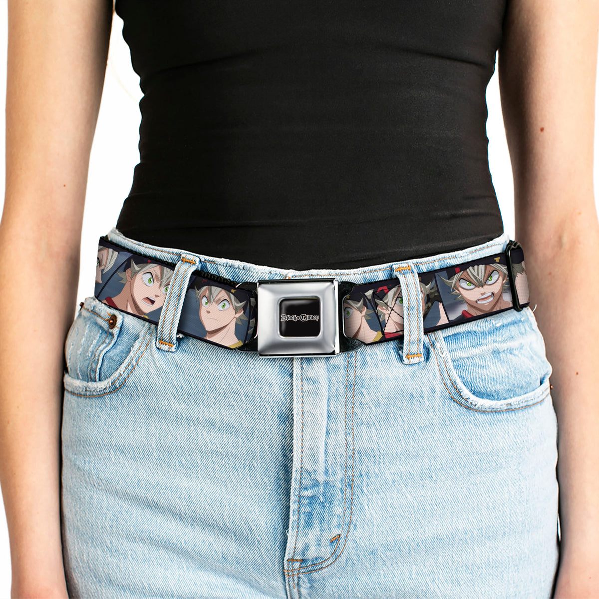 BLACK CLOVER Title Logo Full Color Black/White Seatbelt Belt - Black Clover Asta Five Expression Blocks Webbing Seatbelt Belts Black Clover
