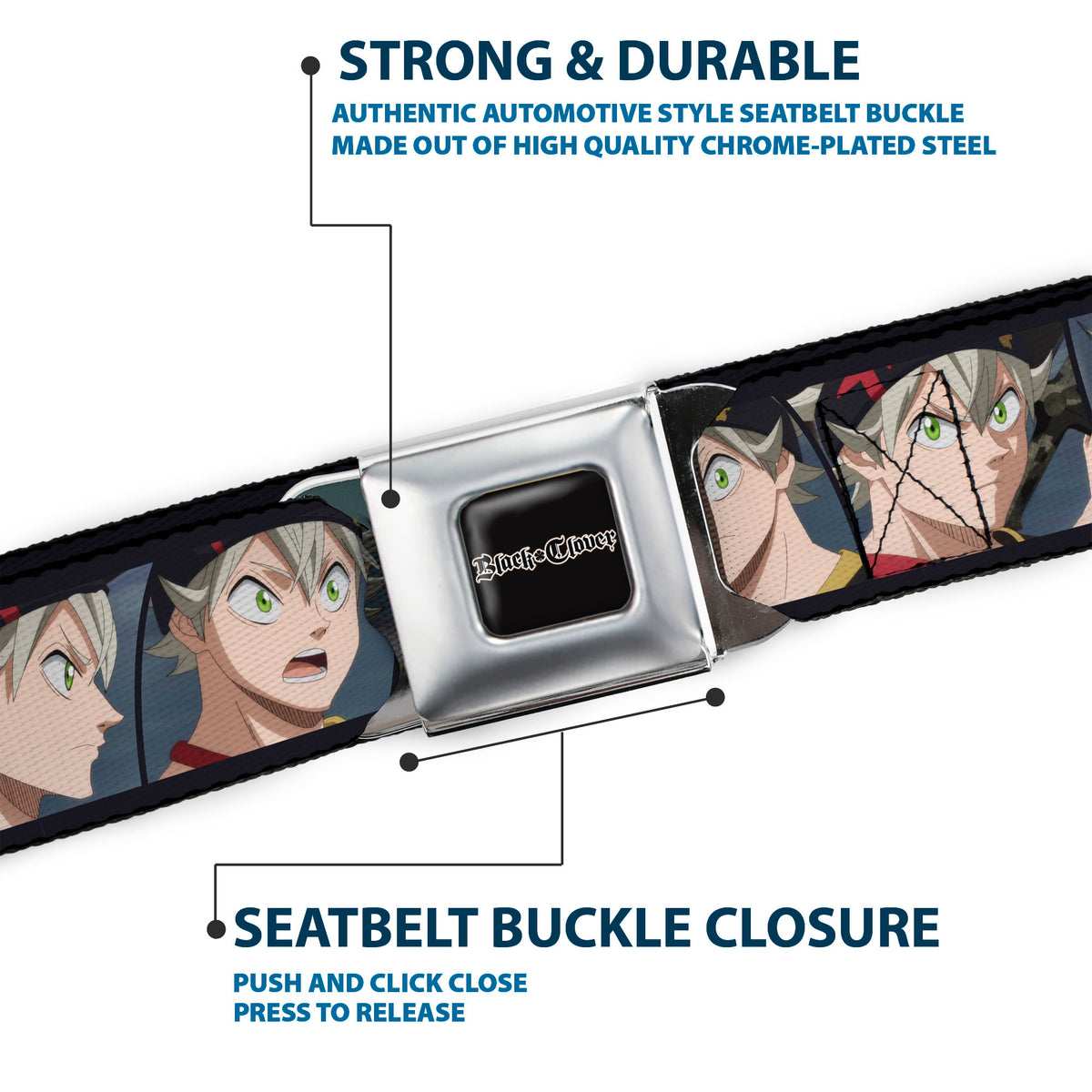 BLACK CLOVER Title Logo Full Color Black/White Seatbelt Belt - Black Clover Asta Five Expression Blocks Webbing Seatbelt Belts Black Clover