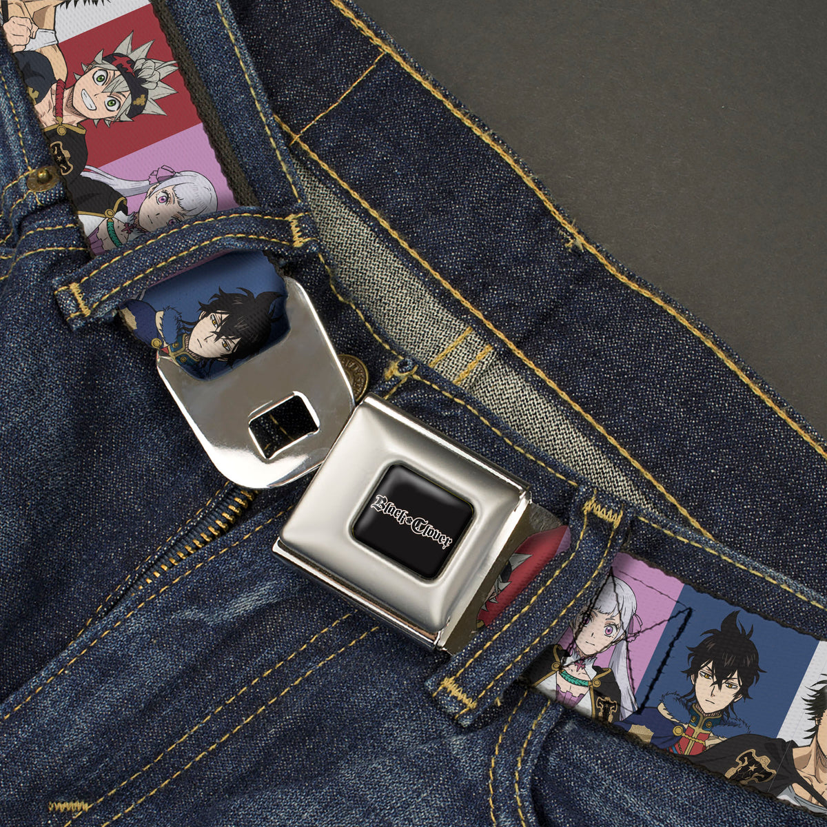 BLACK CLOVER Title Logo Full Color Black/White Seatbelt Belt - Black Clover Four Character Pose Blocks Multi Color Webbing Seatbelt Belts Black Clover