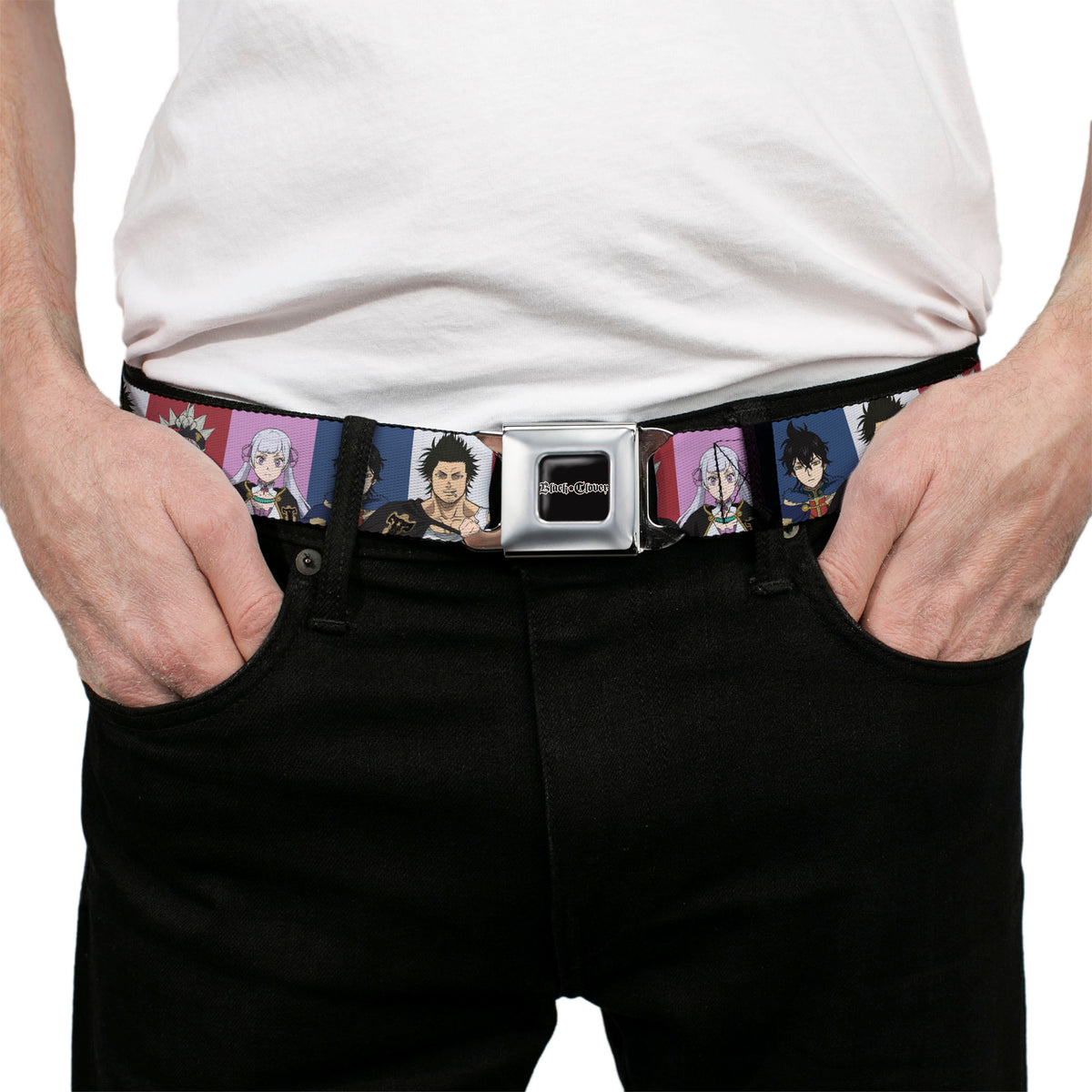 BLACK CLOVER Title Logo Full Color Black/White Seatbelt Belt - Black Clover Four Character Pose Blocks Multi Color Webbing Seatbelt Belts Black Clover