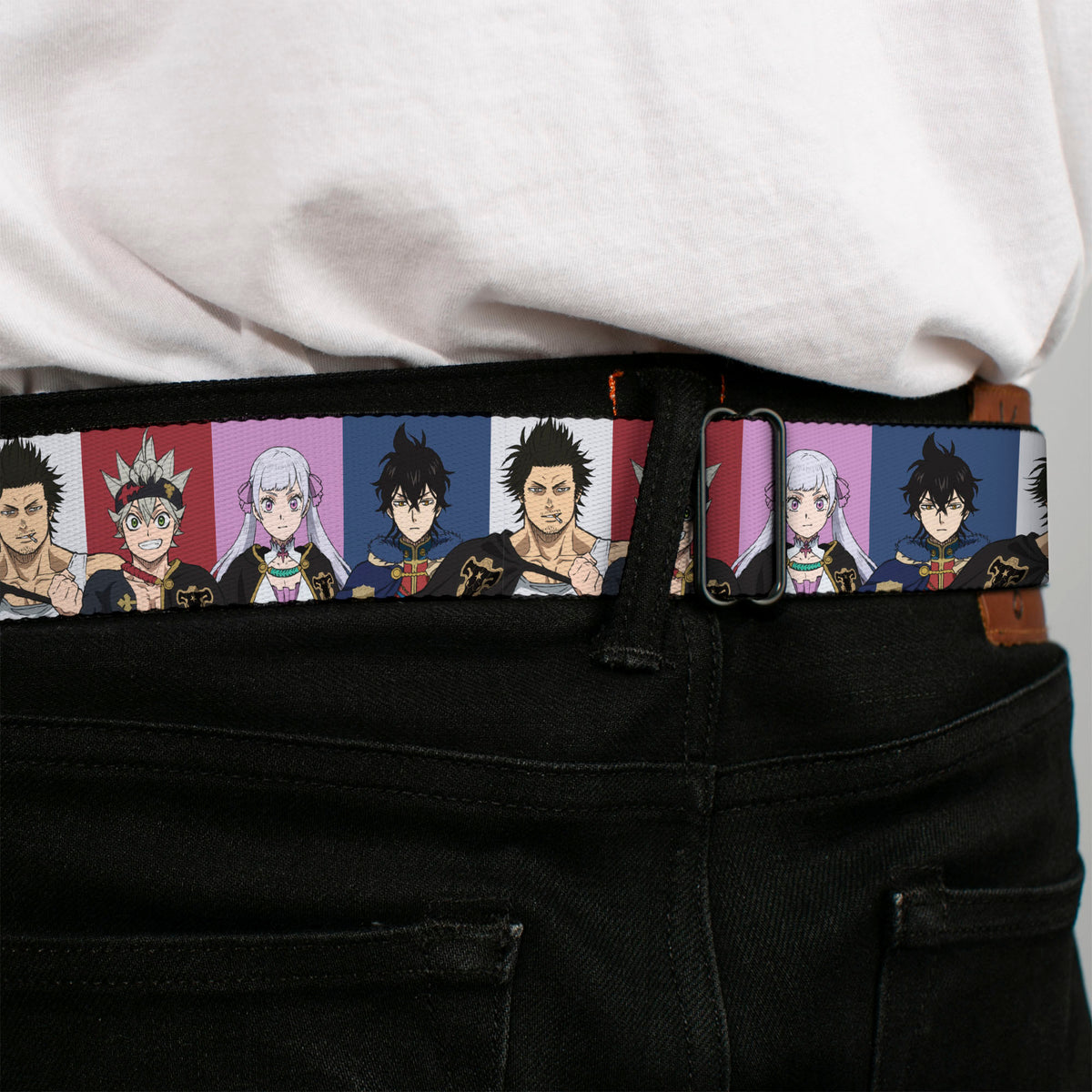 BLACK CLOVER Title Logo Full Color Black/White Seatbelt Belt - Black Clover Four Character Pose Blocks Multi Color Webbing Seatbelt Belts Black Clover