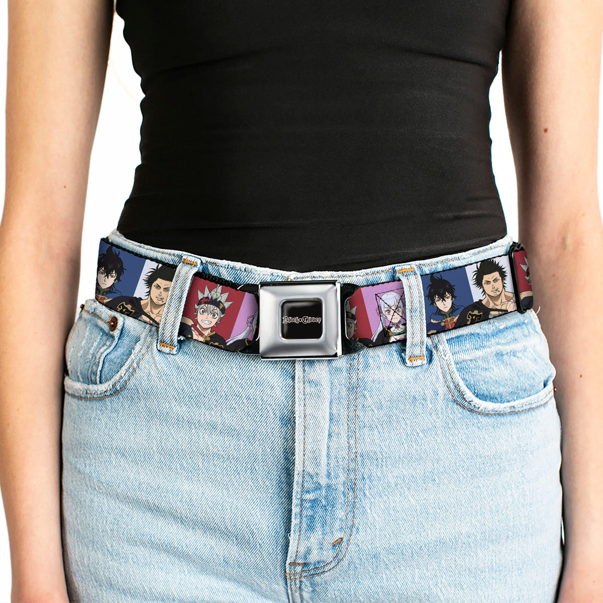 BLACK CLOVER Title Logo Full Color Black/White Seatbelt Belt - Black Clover Four Character Pose Blocks Multi Color Webbing Seatbelt Belts Black Clover