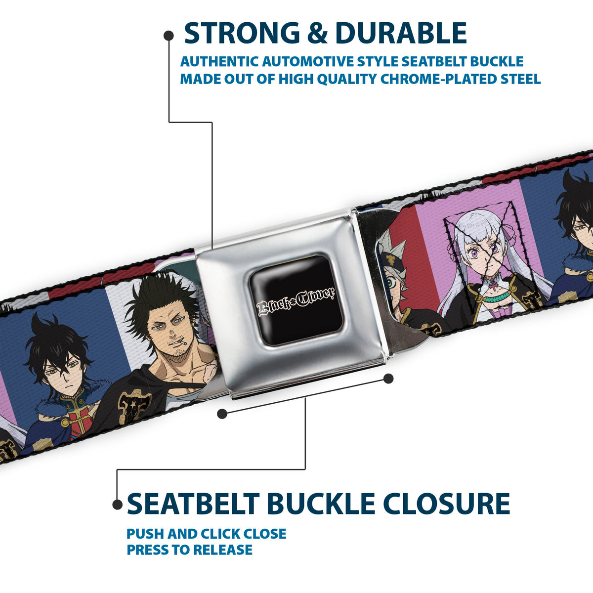 BLACK CLOVER Title Logo Full Color Black/White Seatbelt Belt - Black Clover Four Character Pose Blocks Multi Color Webbing Seatbelt Belts Black Clover