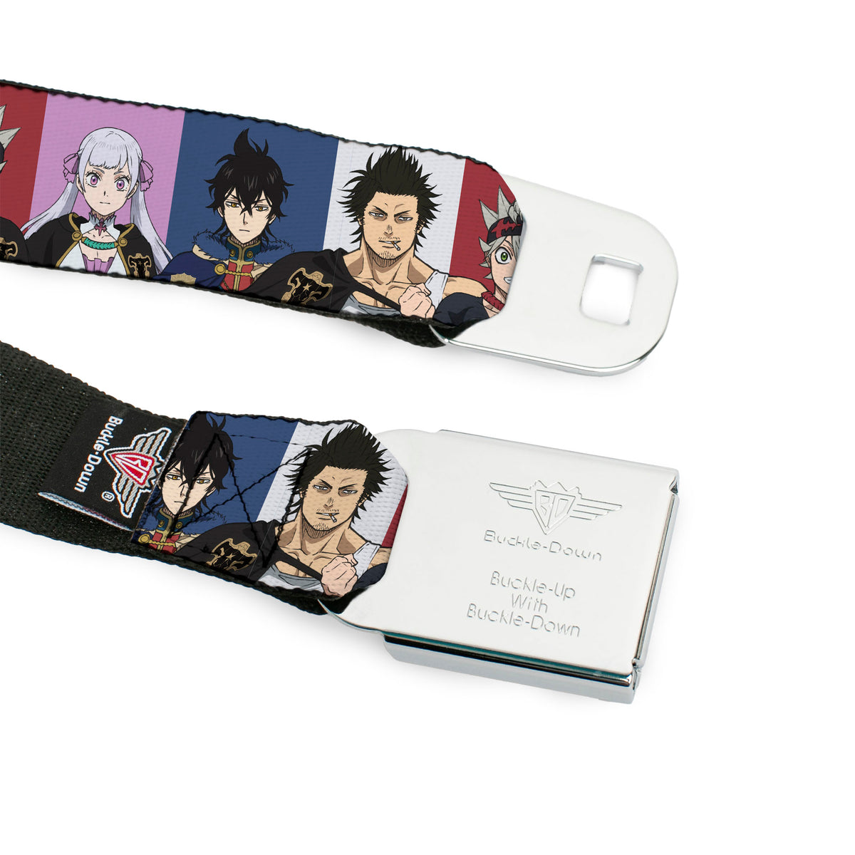BLACK CLOVER Title Logo Full Color Black/White Seatbelt Belt - Black Clover Four Character Pose Blocks Multi Color Webbing Seatbelt Belts Black Clover