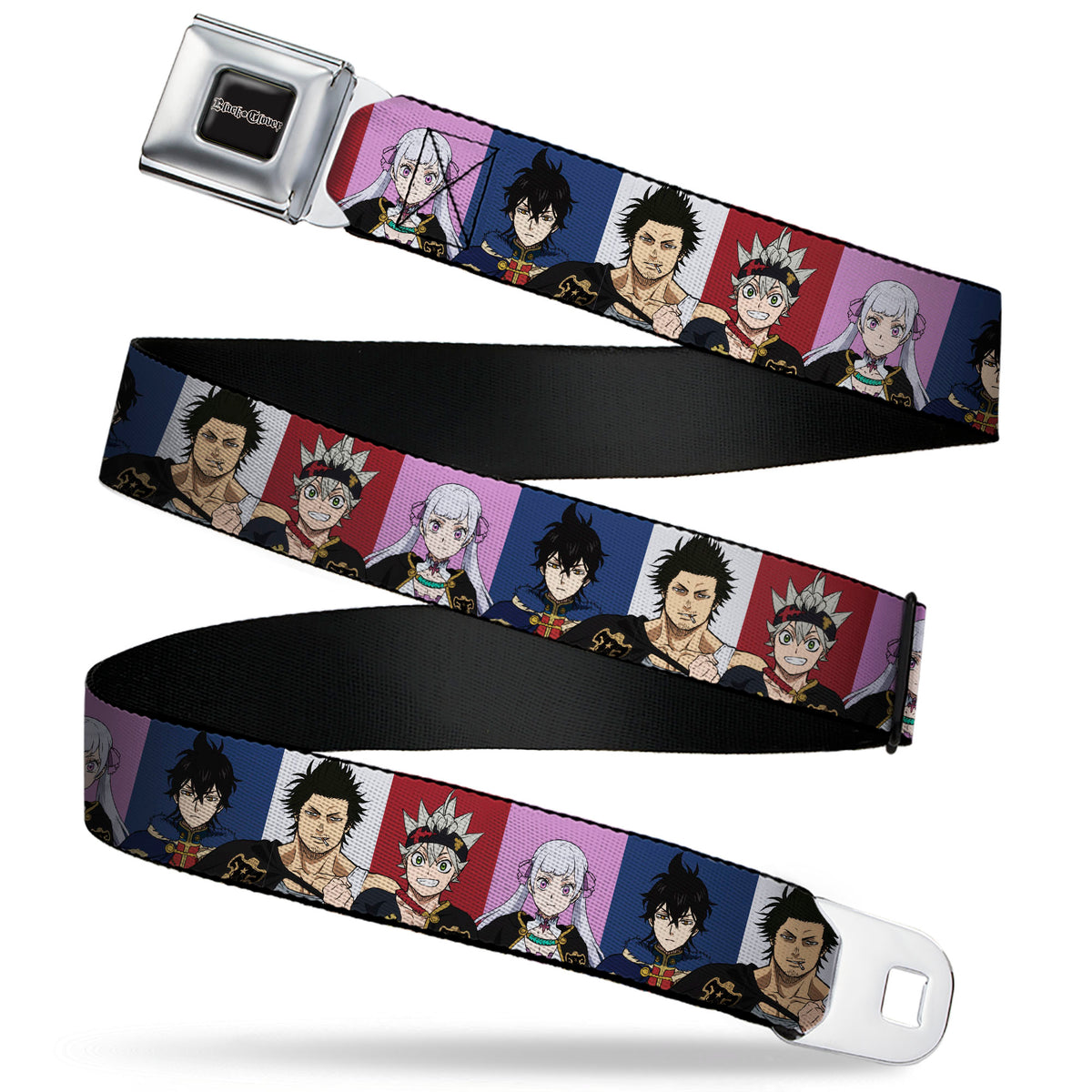 BLACK CLOVER Title Logo Full Color Black/White Seatbelt Belt - Black Clover Four Character Pose Blocks Multi Color Webbing Seatbelt Belts Black Clover