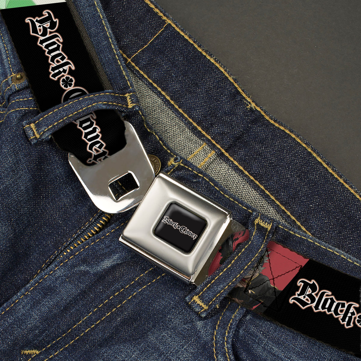 BLACK CLOVER Title Logo Full Color Black/White Seatbelt Belt - BLACK CLOVER Asta and Yuno Pose Blocks with Title Logo Black Webbing Seatbelt Belts Black Clover