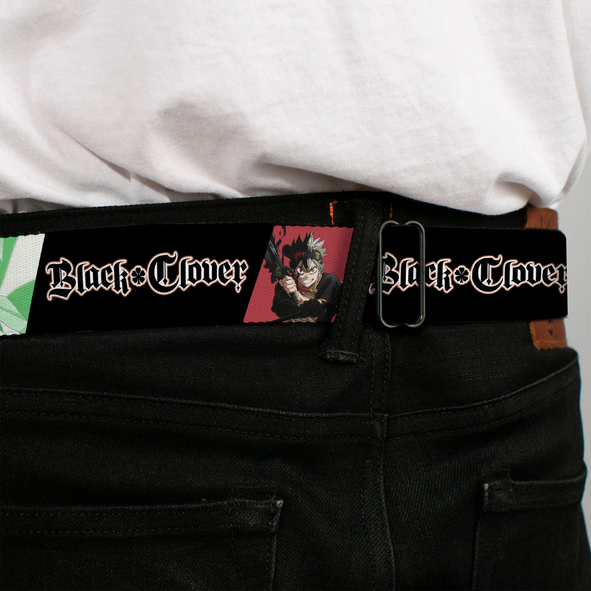 BLACK CLOVER Title Logo Full Color Black/White Seatbelt Belt - BLACK CLOVER Asta and Yuno Pose Blocks with Title Logo Black Webbing Seatbelt Belts Black Clover