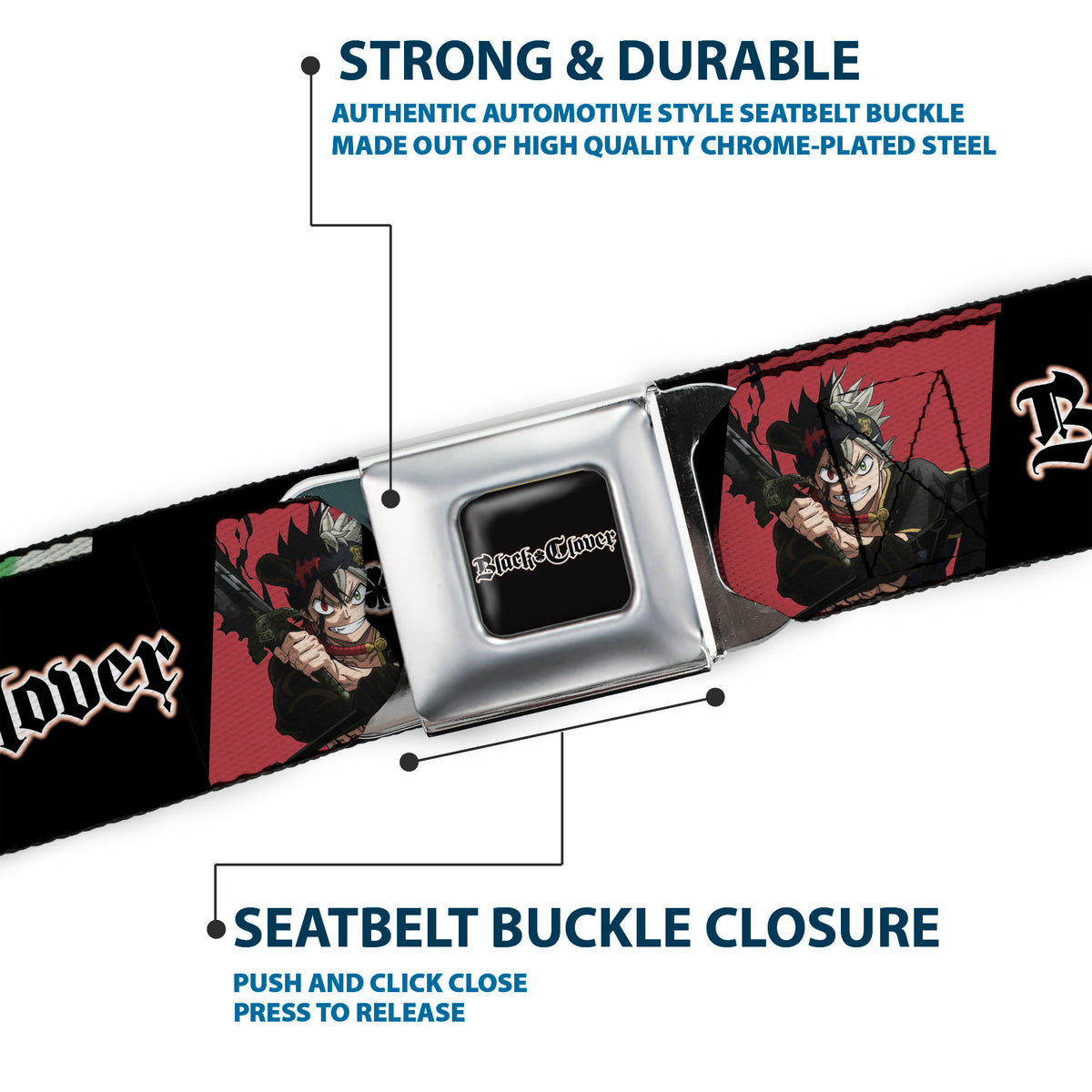 BLACK CLOVER Title Logo Full Color Black/White Seatbelt Belt - BLACK CLOVER Asta and Yuno Pose Blocks with Title Logo Black Webbing Seatbelt Belts Black Clover