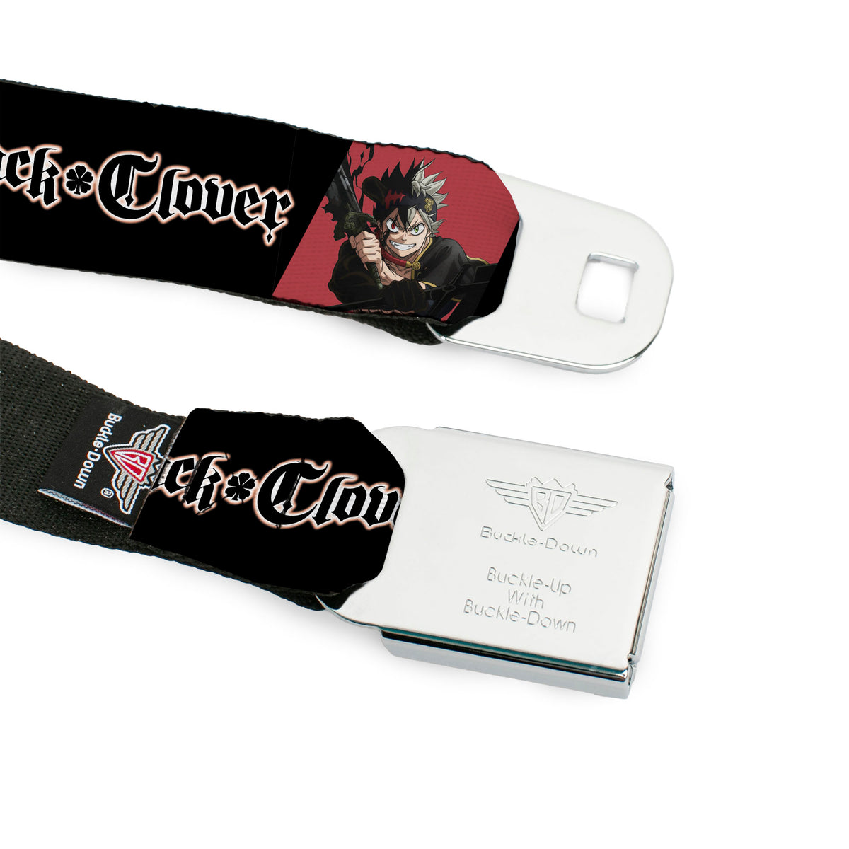 BLACK CLOVER Title Logo Full Color Black/White Seatbelt Belt - BLACK CLOVER Asta and Yuno Pose Blocks with Title Logo Black Webbing Seatbelt Belts Black Clover