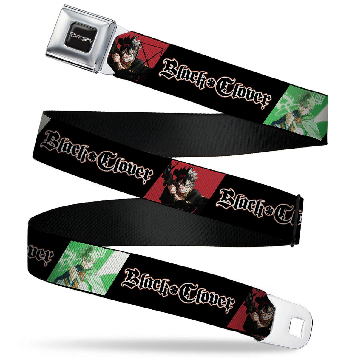 BLACK CLOVER Title Logo Full Color Black/White Seatbelt Belt - BLACK CLOVER Asta and Yuno Pose Blocks with Title Logo Black Webbing Seatbelt Belts Black Clover