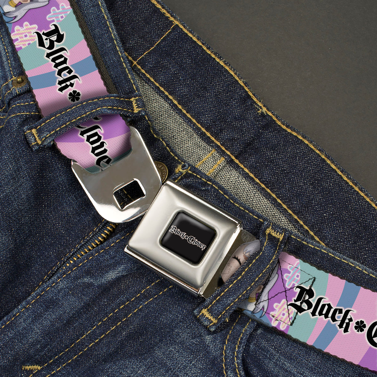 BLACK CLOVER Title Logo Full Color Black/White Seatbelt Belt - BLACK CLOVER Chibi Noelle Hash Tag Pose and Title Logo Multi Color Webbing Seatbelt Belts Black Clover