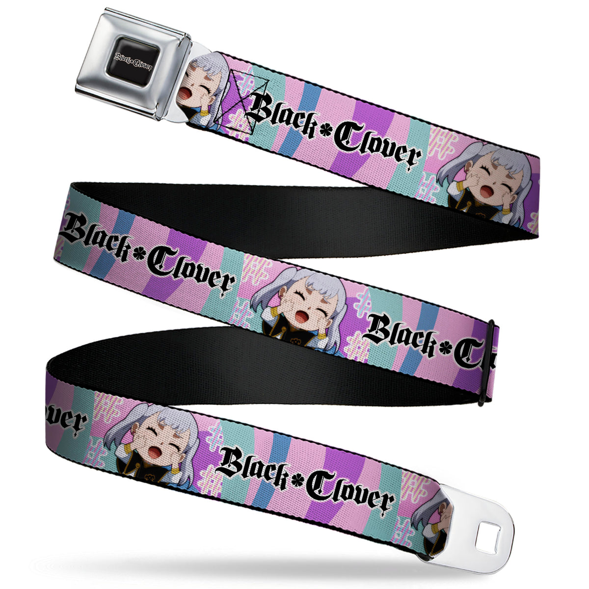 BLACK CLOVER Title Logo Full Color Black/White Seatbelt Belt - BLACK CLOVER Chibi Noelle Hash Tag Pose and Title Logo Multi Color Webbing Seatbelt Belts Black Clover