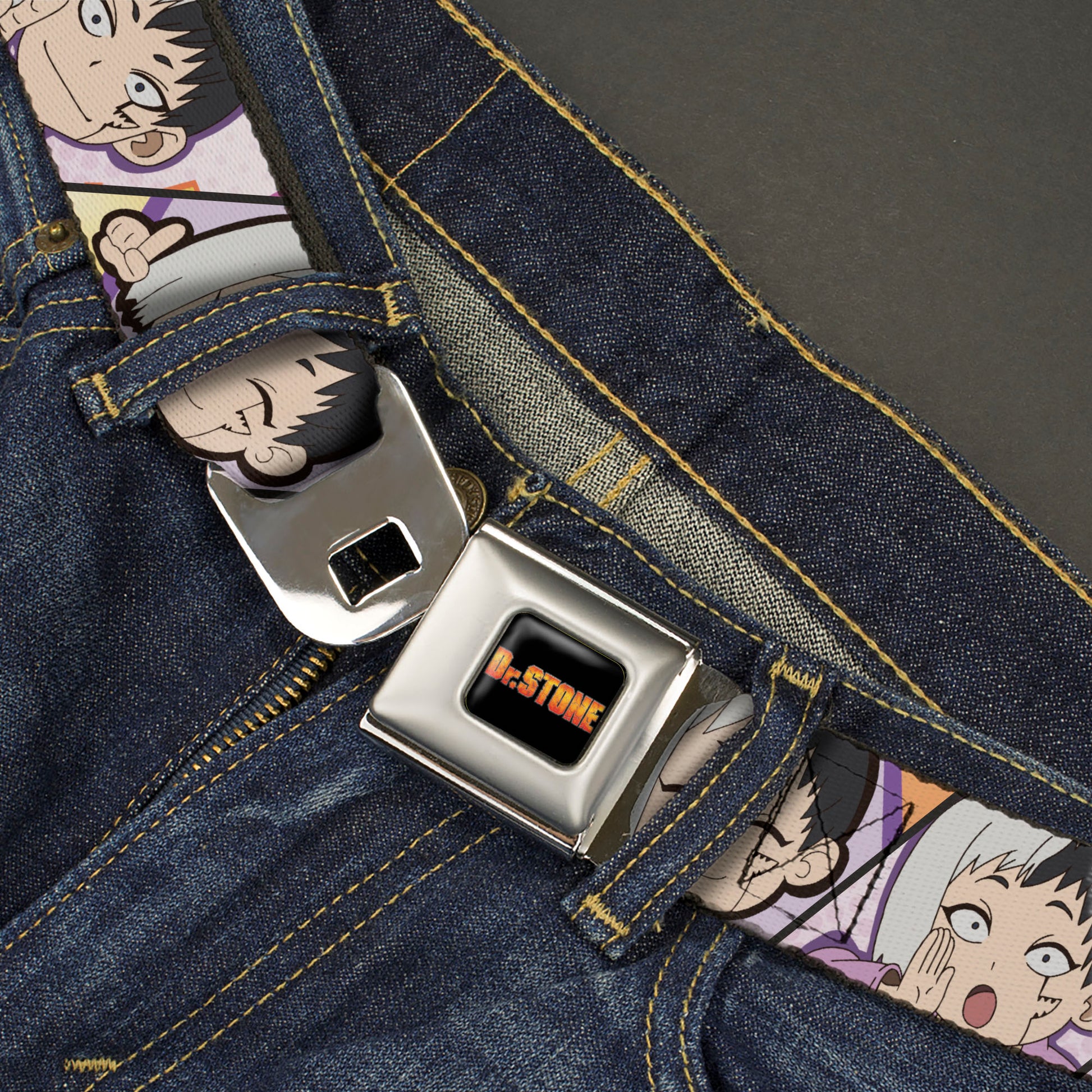 DR. STONE Title Logo Full Color Black/Orange Seatbelt Belt - Dr. Stone Chibi Gen Asagiri Expression Blocks Webbing Seatbelt Belts Dr. Stone