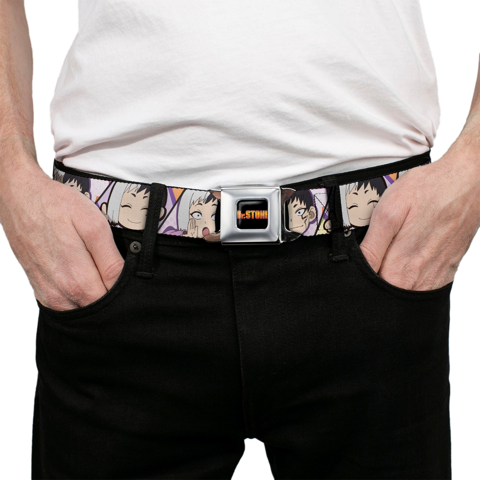 DR. STONE Title Logo Full Color Black/Orange Seatbelt Belt - Dr. Stone Chibi Gen Asagiri Expression Blocks Webbing Seatbelt Belts Dr. Stone