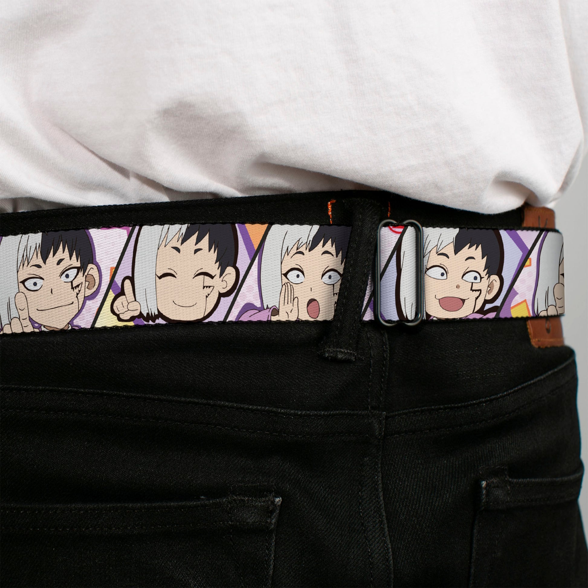 DR. STONE Title Logo Full Color Black/Orange Seatbelt Belt - Dr. Stone Chibi Gen Asagiri Expression Blocks Webbing Seatbelt Belts Dr. Stone