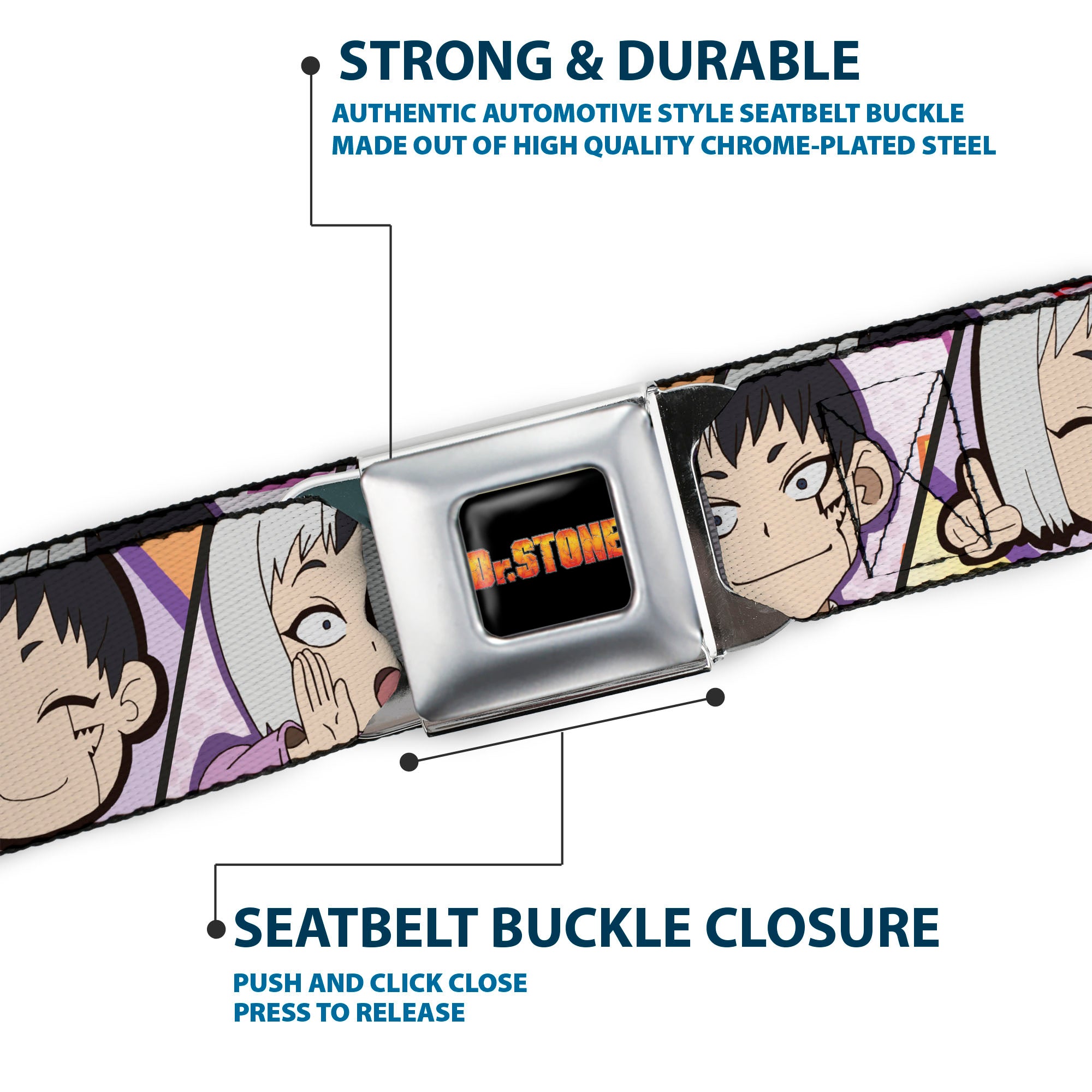 DR. STONE Title Logo Full Color Black/Orange Seatbelt Belt - Dr. Stone Chibi Gen Asagiri Expression Blocks Webbing Seatbelt Belts Dr. Stone