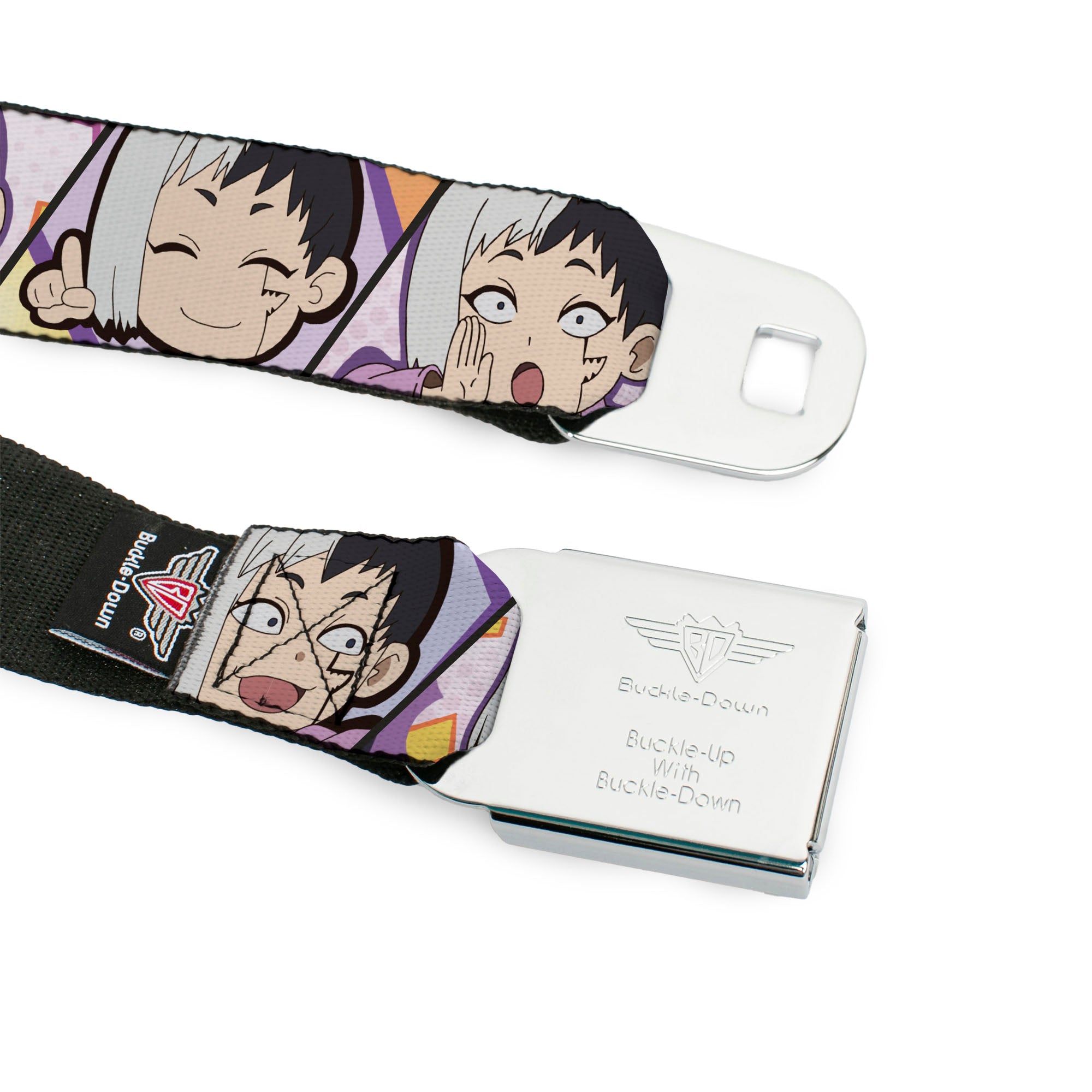 DR. STONE Title Logo Full Color Black/Orange Seatbelt Belt - Dr. Stone Chibi Gen Asagiri Expression Blocks Webbing Seatbelt Belts Dr. Stone