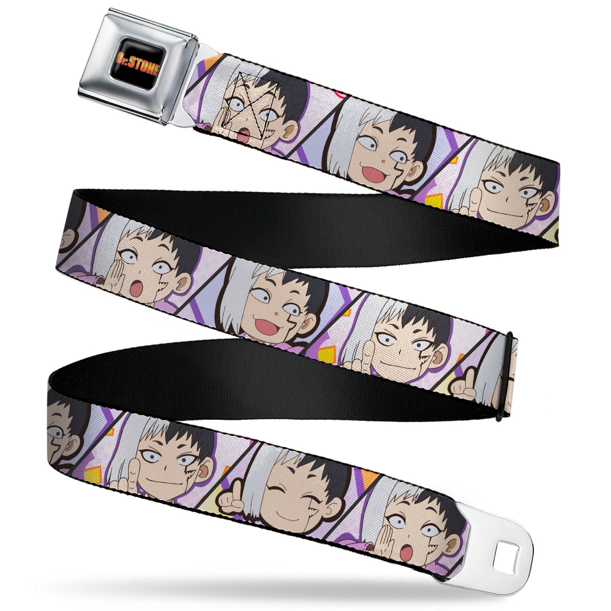 DR. STONE Title Logo Full Color Black/Orange Seatbelt Belt - Dr. Stone Chibi Gen Asagiri Expression Blocks Webbing Seatbelt Belts Dr. Stone