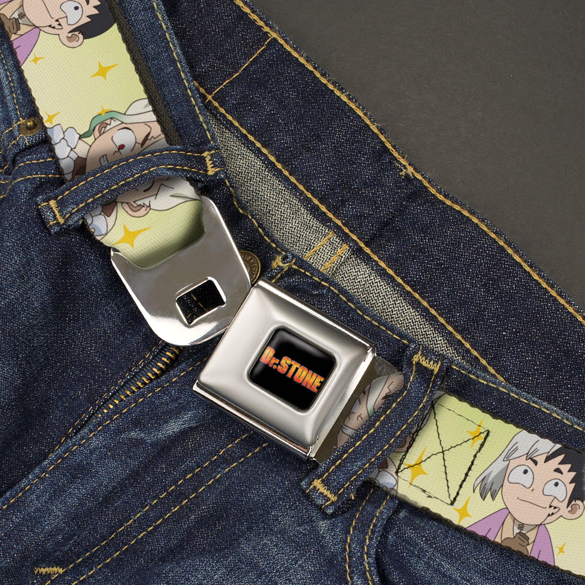 DR. STONE Title Logo Full Color Black/Orange Seatbelt Belt - Dr. Stone Chibi Senku and Gen Faces Stars Yellows Webbing Seatbelt Belts Crunchyroll