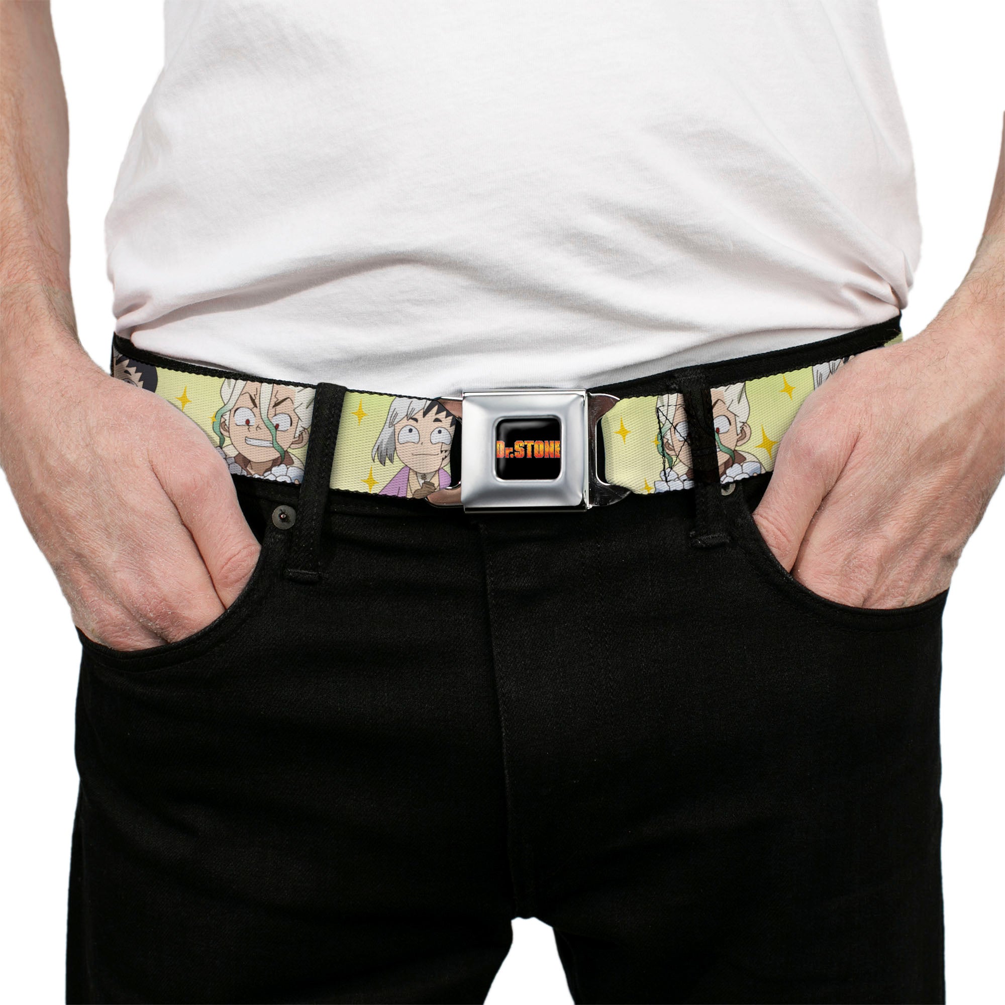 DR. STONE Title Logo Full Color Black/Orange Seatbelt Belt - Dr. Stone Chibi Senku and Gen Faces Stars Yellows Webbing Seatbelt Belts Crunchyroll