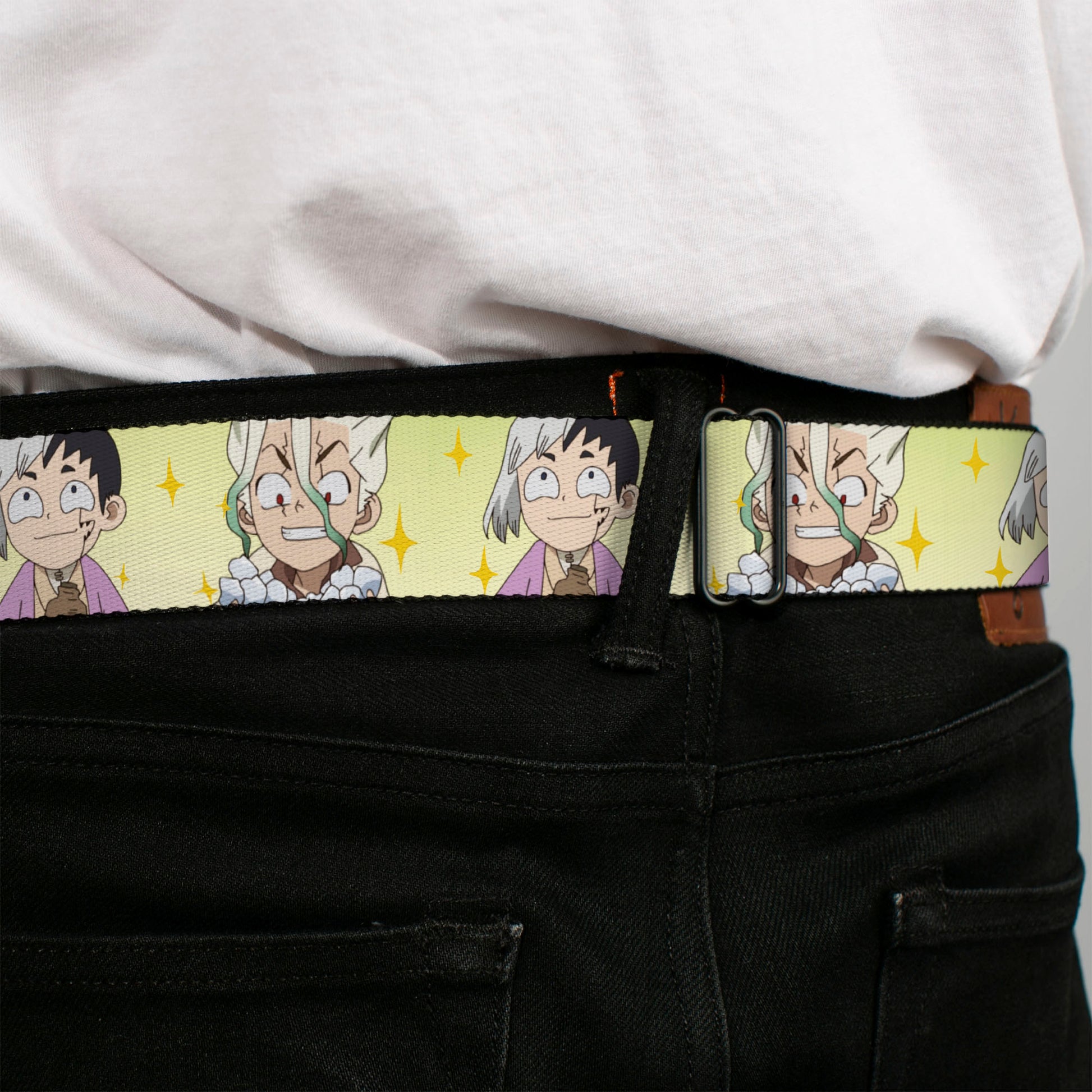 DR. STONE Title Logo Full Color Black/Orange Seatbelt Belt - Dr. Stone Chibi Senku and Gen Faces Stars Yellows Webbing Seatbelt Belts Crunchyroll