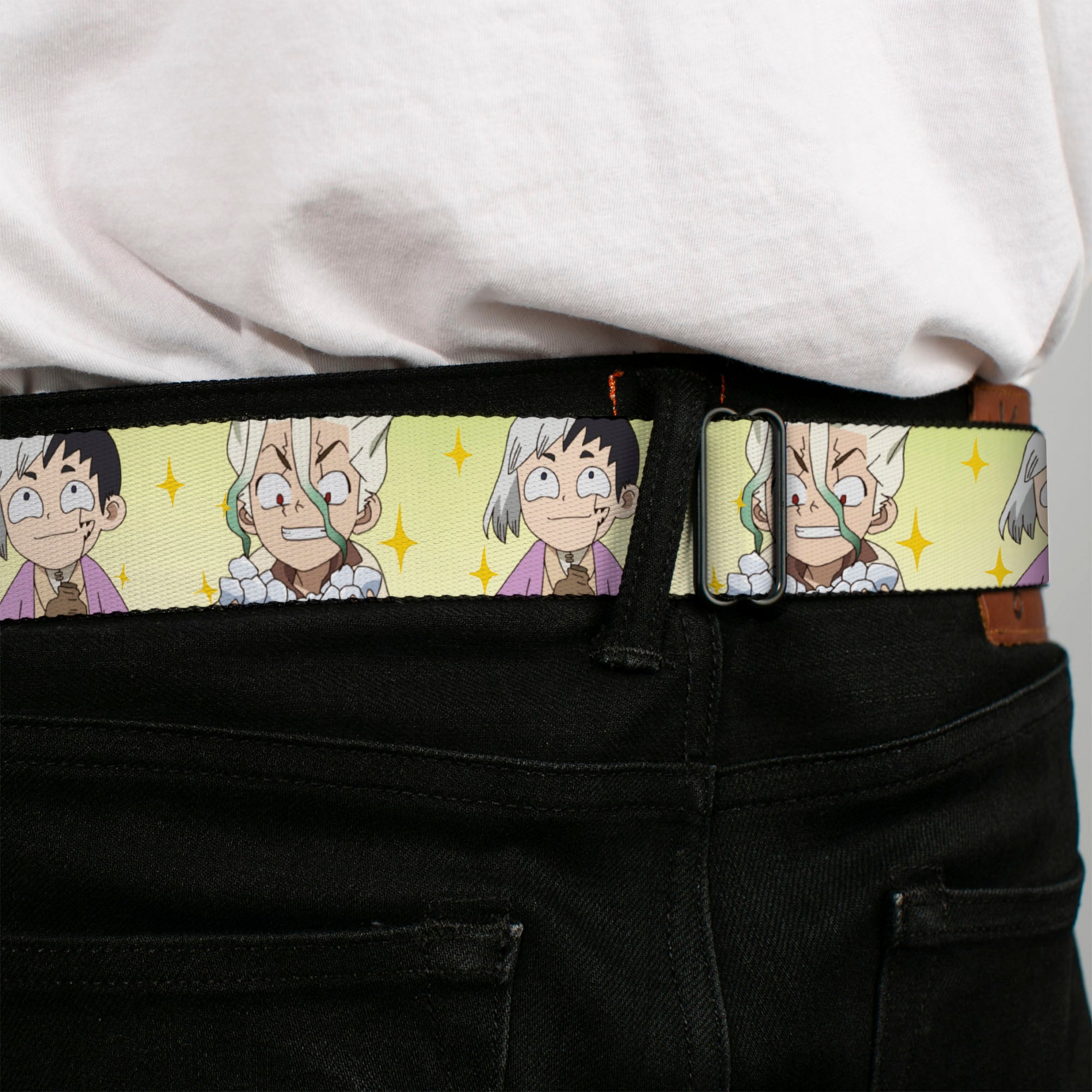 DR. STONE Title Logo Full Color Black/Orange Seatbelt Belt - Dr. Stone Chibi Senku and Gen Faces Stars Yellows Webbing Seatbelt Belts Crunchyroll