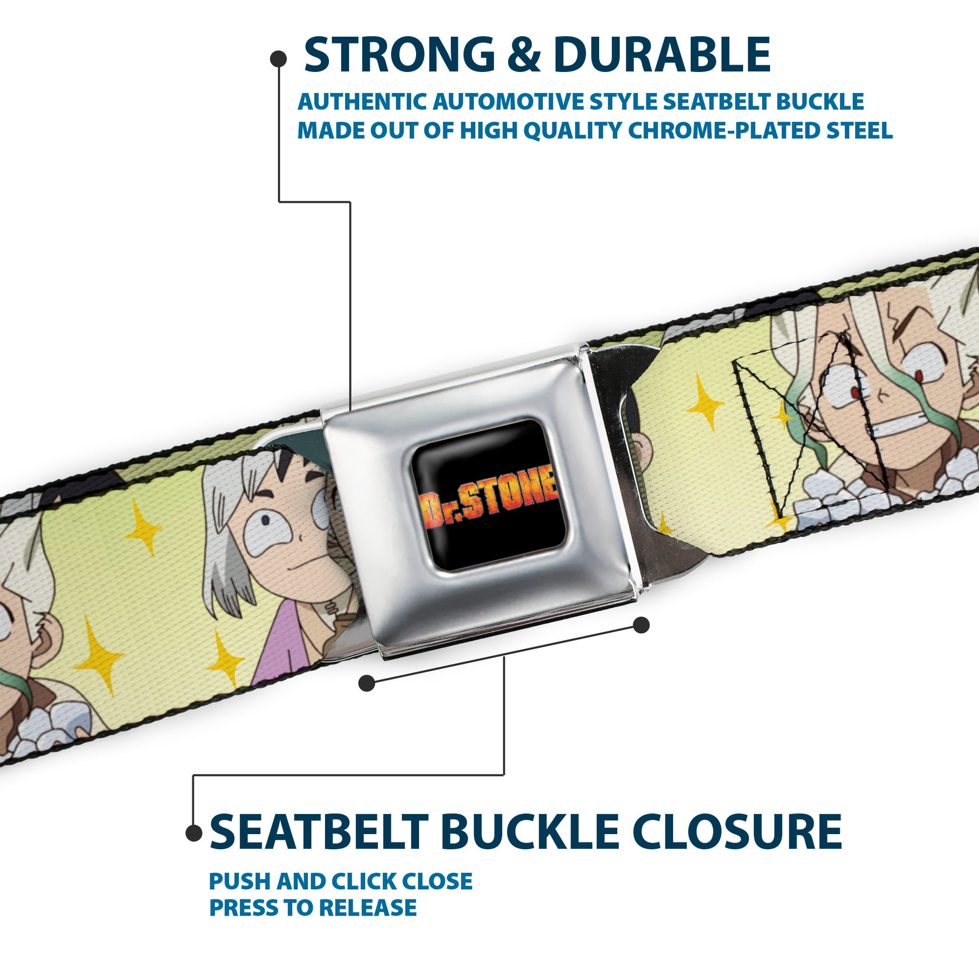 DR. STONE Title Logo Full Color Black/Orange Seatbelt Belt - Dr. Stone Chibi Senku and Gen Faces Stars Yellows Webbing Seatbelt Belts Crunchyroll
