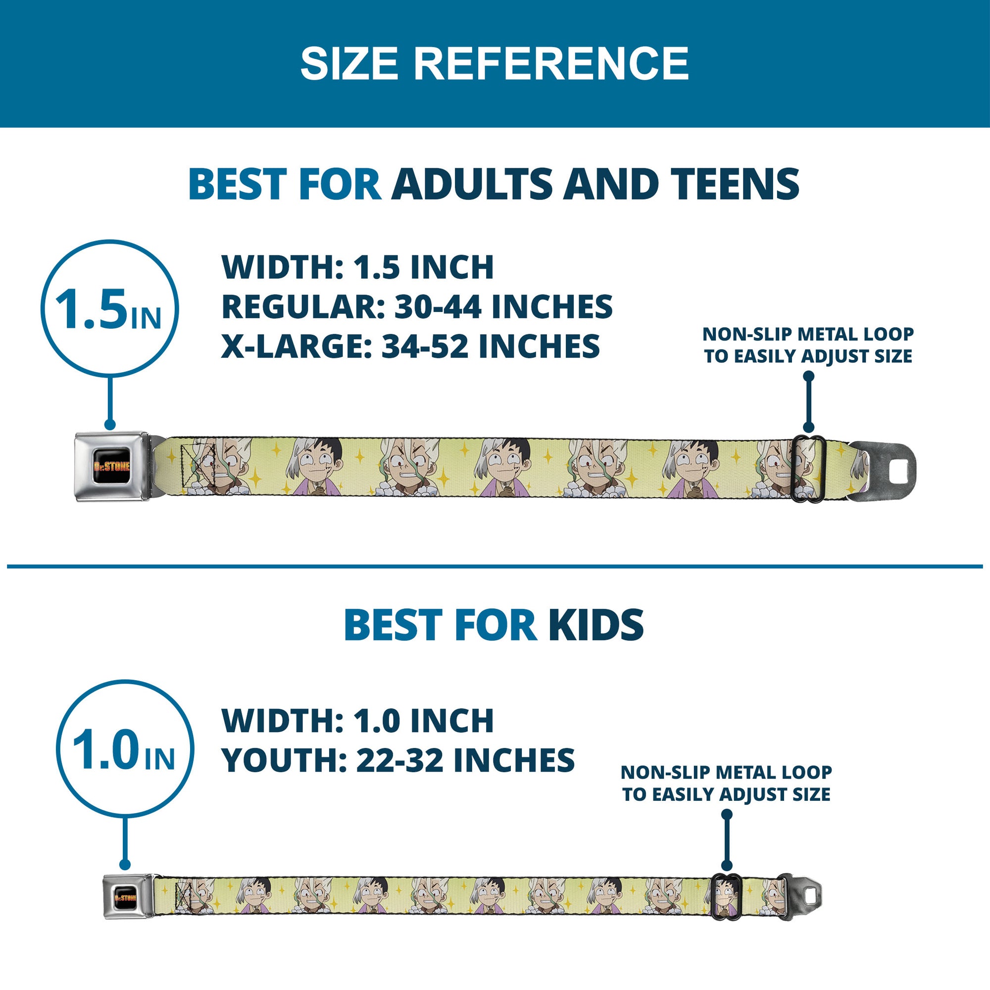 DR. STONE Title Logo Full Color Black/Orange Seatbelt Belt - Dr. Stone Chibi Senku and Gen Faces Stars Yellows Webbing Seatbelt Belts Crunchyroll