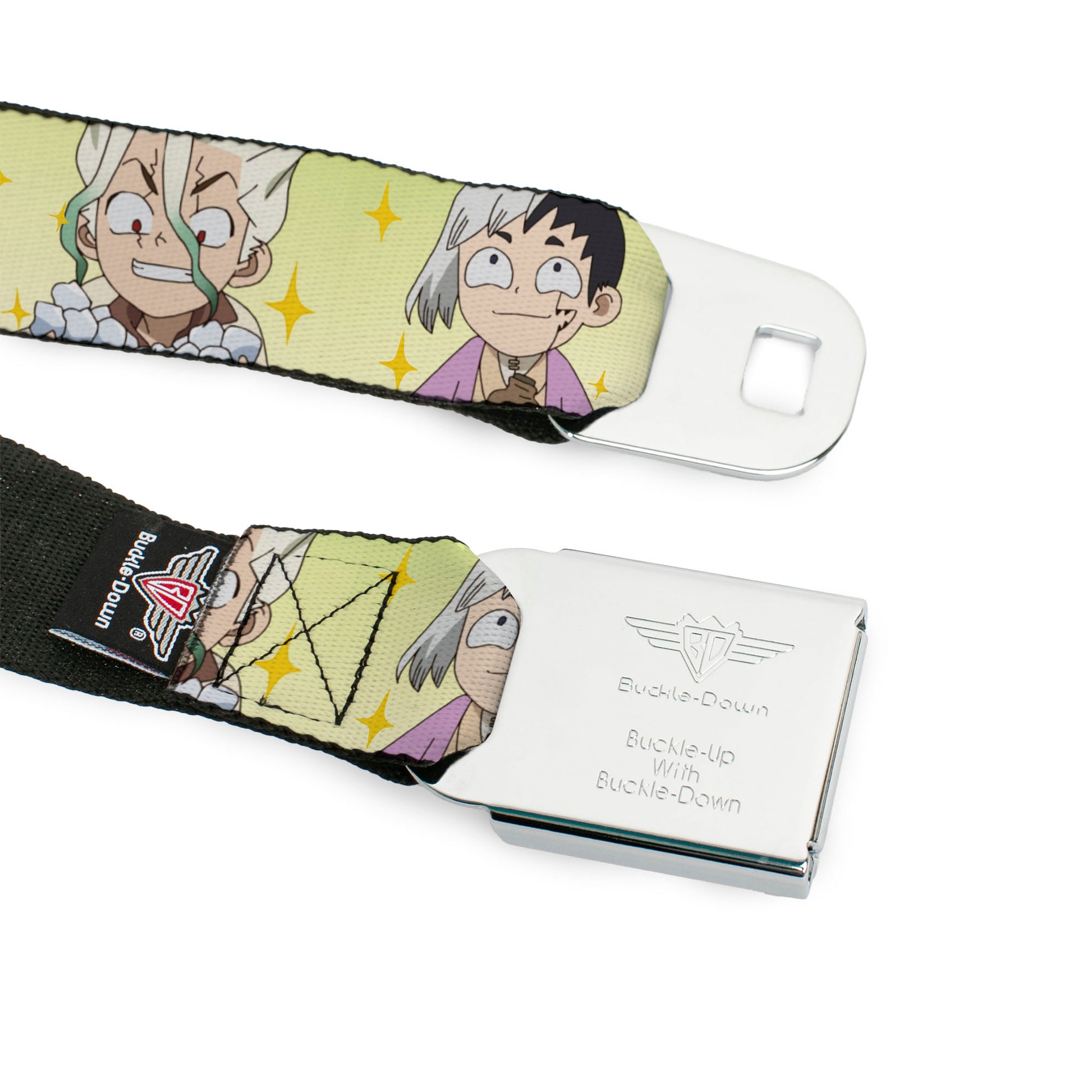 DR. STONE Title Logo Full Color Black/Orange Seatbelt Belt - Dr. Stone Chibi Senku and Gen Faces Stars Yellows Webbing Seatbelt Belts Crunchyroll