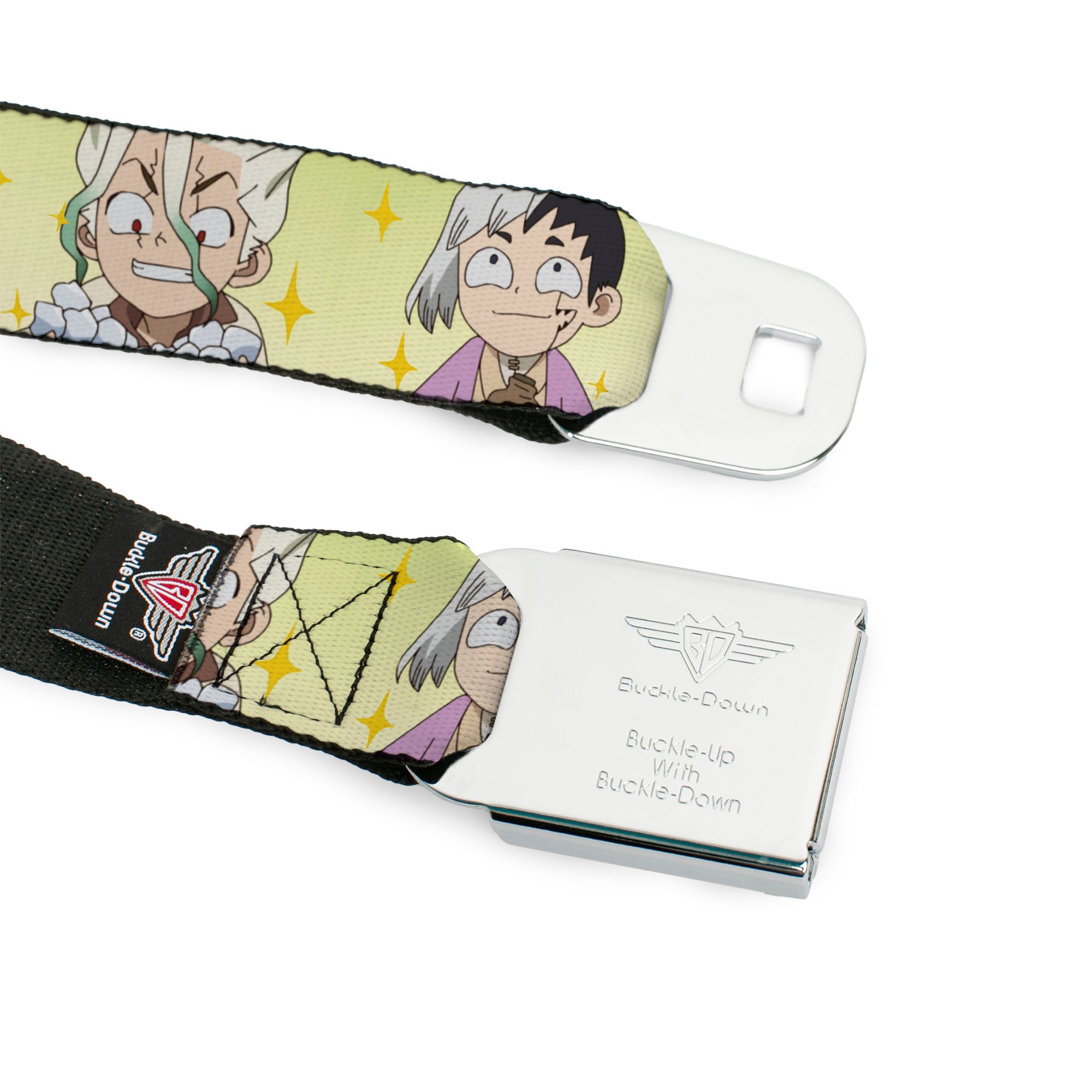 DR. STONE Title Logo Full Color Black/Orange Seatbelt Belt - Dr. Stone Chibi Senku and Gen Faces Stars Yellows Webbing Seatbelt Belts Crunchyroll