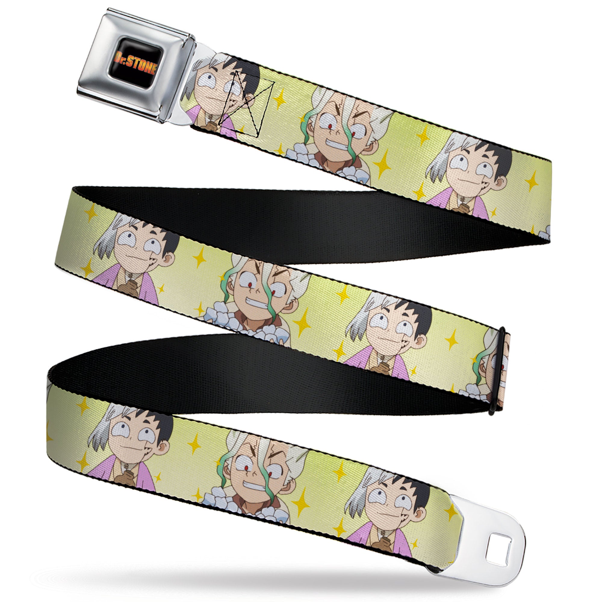 DR. STONE Title Logo Full Color Black/Orange Seatbelt Belt - Dr. Stone Chibi Senku and Gen Faces Stars Yellows Webbing Seatbelt Belts Crunchyroll