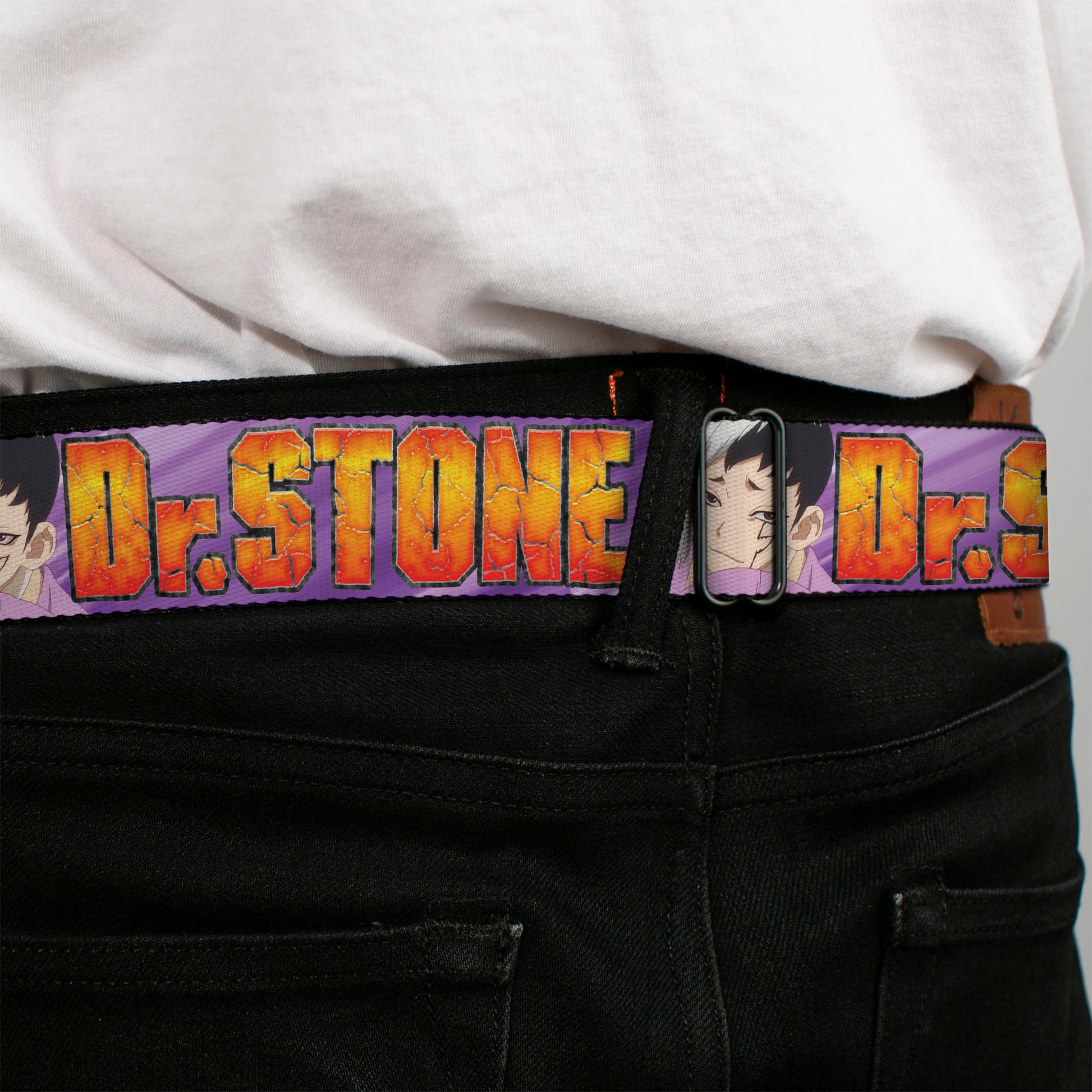 DR. STONE Title Logo Full Color Black/Orange Seatbelt Belt - DR. STONE Title Logo and Gen Asagiri Face Purples Webbing Seatbelt Belts Dr. Stone