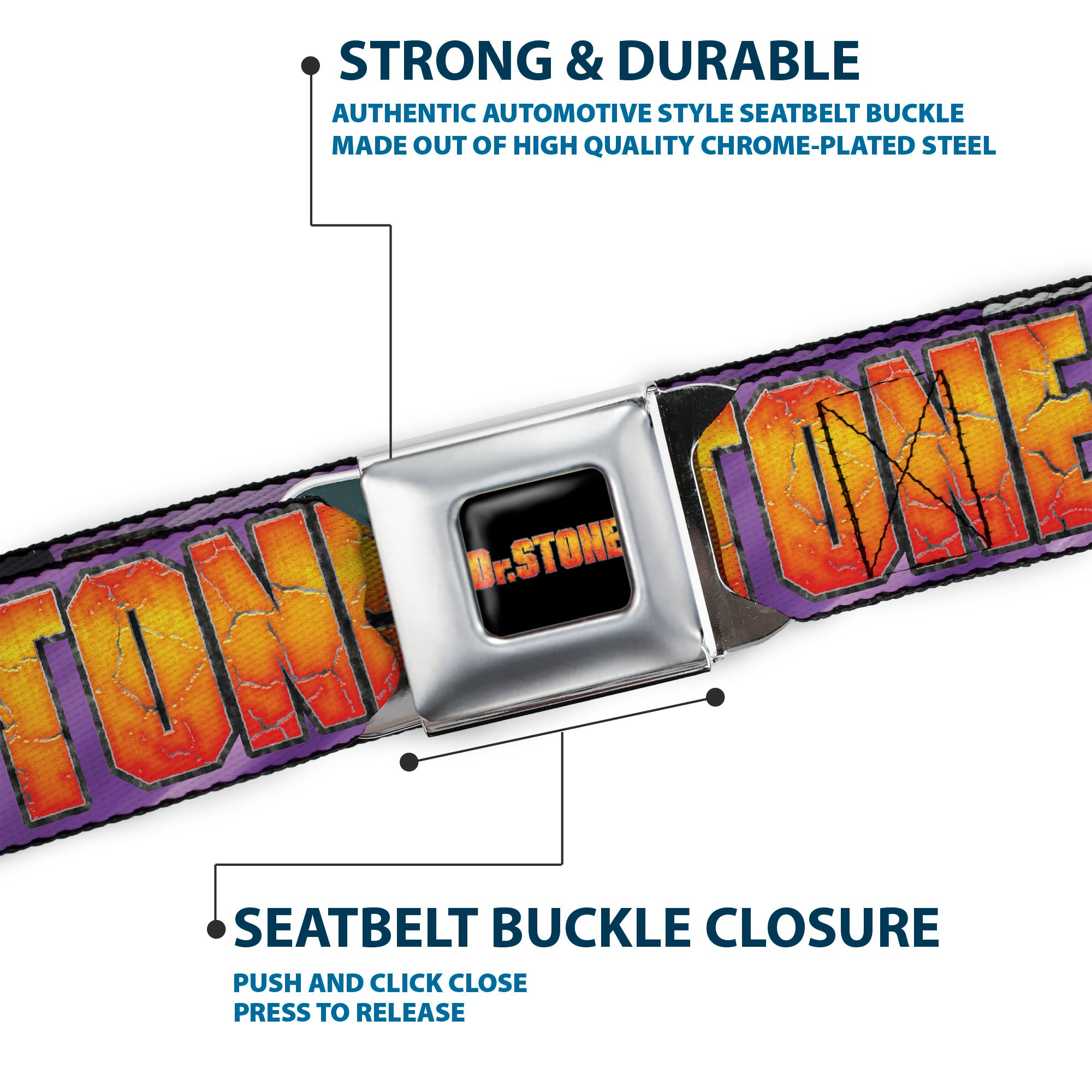DR. STONE Title Logo Full Color Black/Orange Seatbelt Belt - DR. STONE Title Logo and Gen Asagiri Face Purples Webbing Seatbelt Belts Dr. Stone