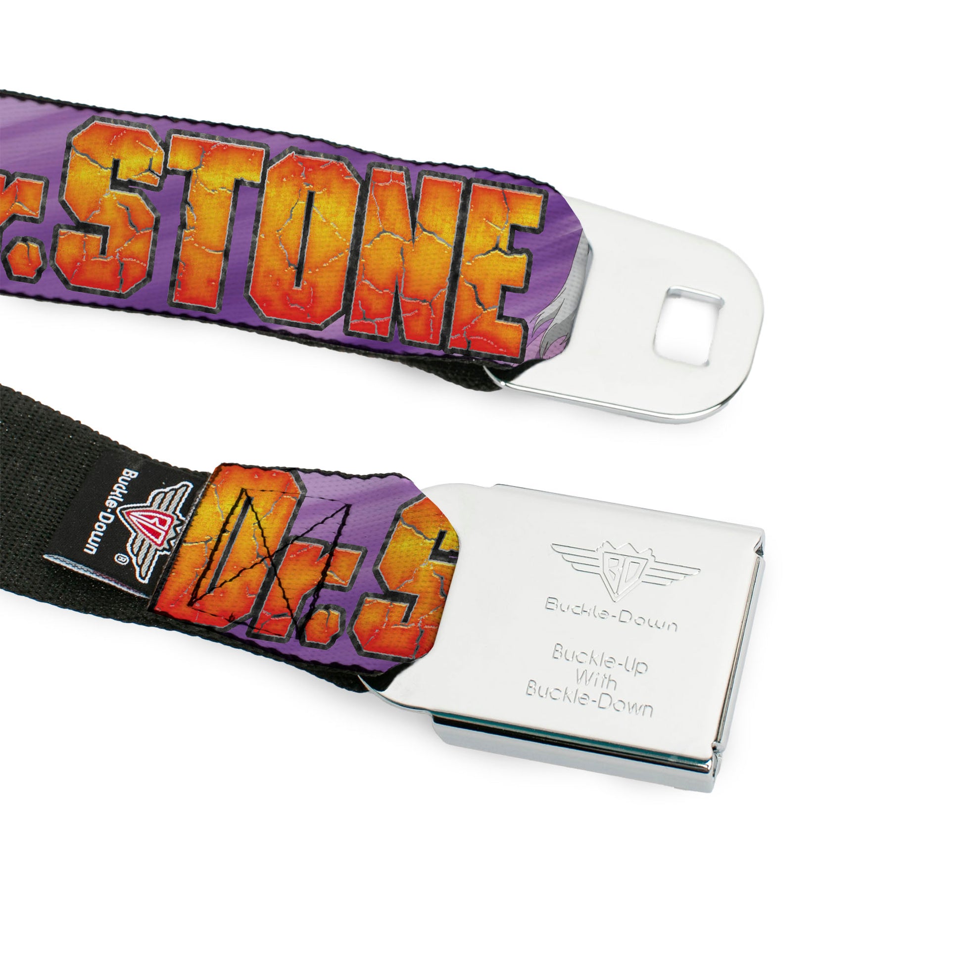 DR. STONE Title Logo Full Color Black/Orange Seatbelt Belt - DR. STONE Title Logo and Gen Asagiri Face Purples Webbing Seatbelt Belts Dr. Stone
