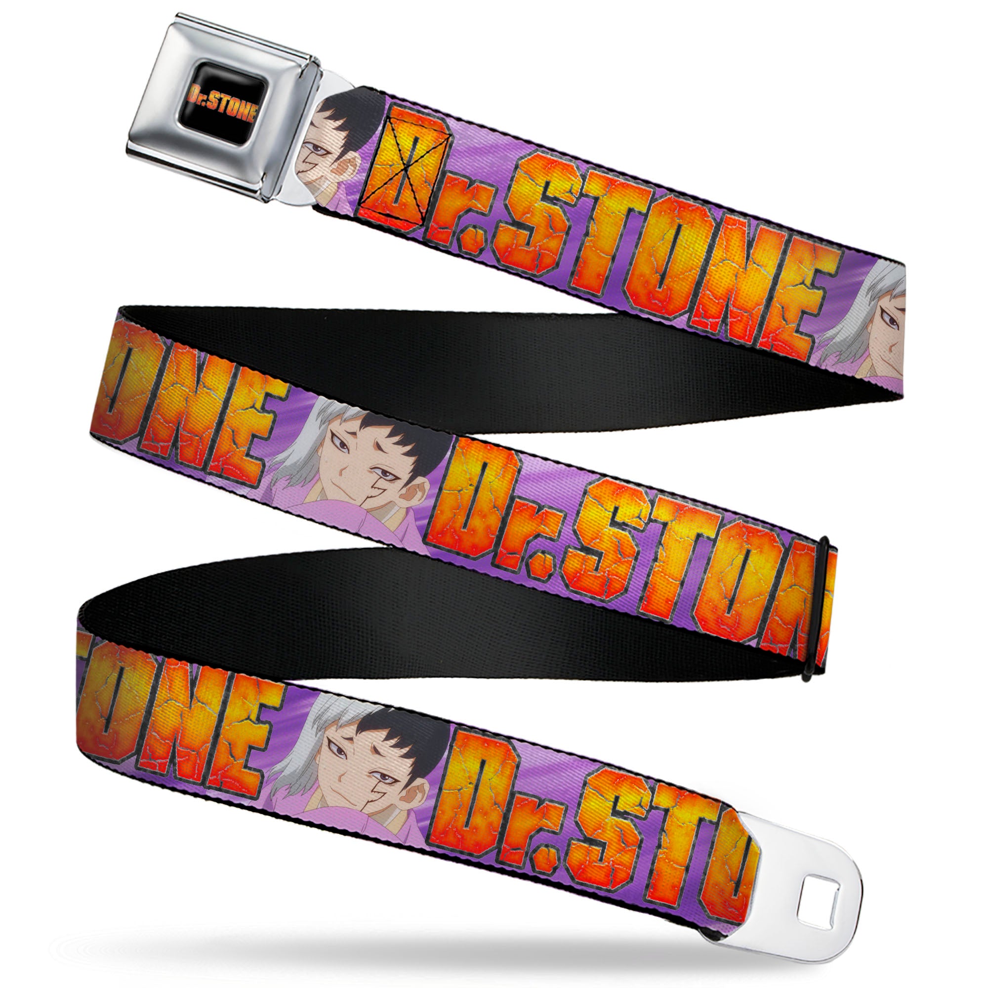 DR. STONE Title Logo Full Color Black/Orange Seatbelt Belt - DR. STONE Title Logo and Gen Asagiri Face Purples Webbing Seatbelt Belts Dr. Stone