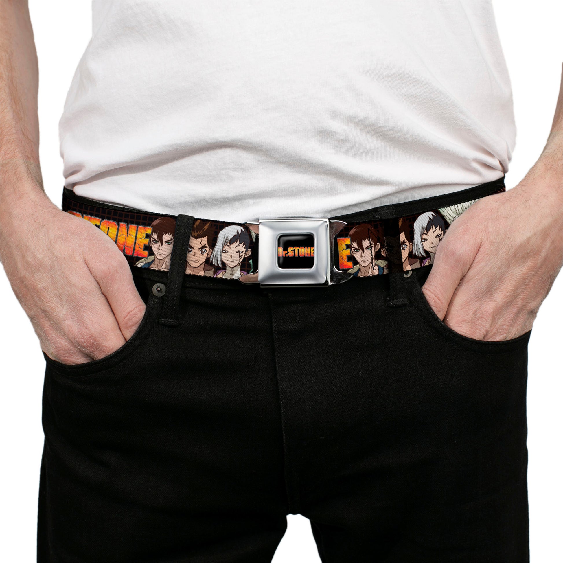 DR. STONE Title Logo Full Color Black/Orange Seatbelt Belt - DR. STONE Title Logo and Character Group Black Webbing Seatbelt Belts Dr. Stone