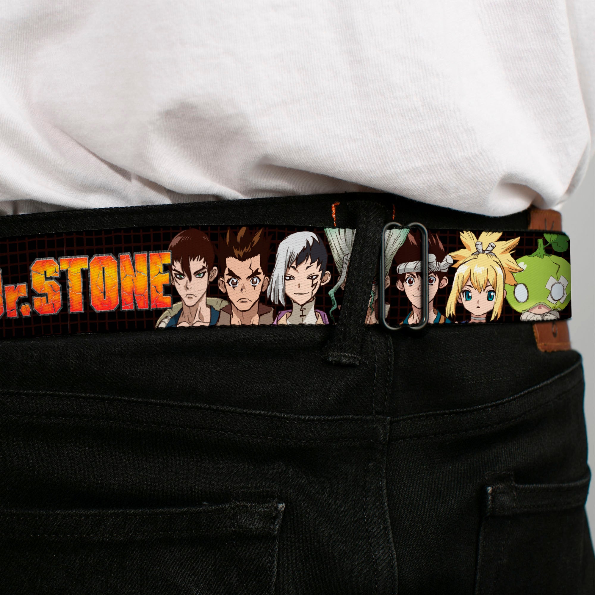 DR. STONE Title Logo Full Color Black/Orange Seatbelt Belt - DR. STONE Title Logo and Character Group Black Webbing Seatbelt Belts Dr. Stone