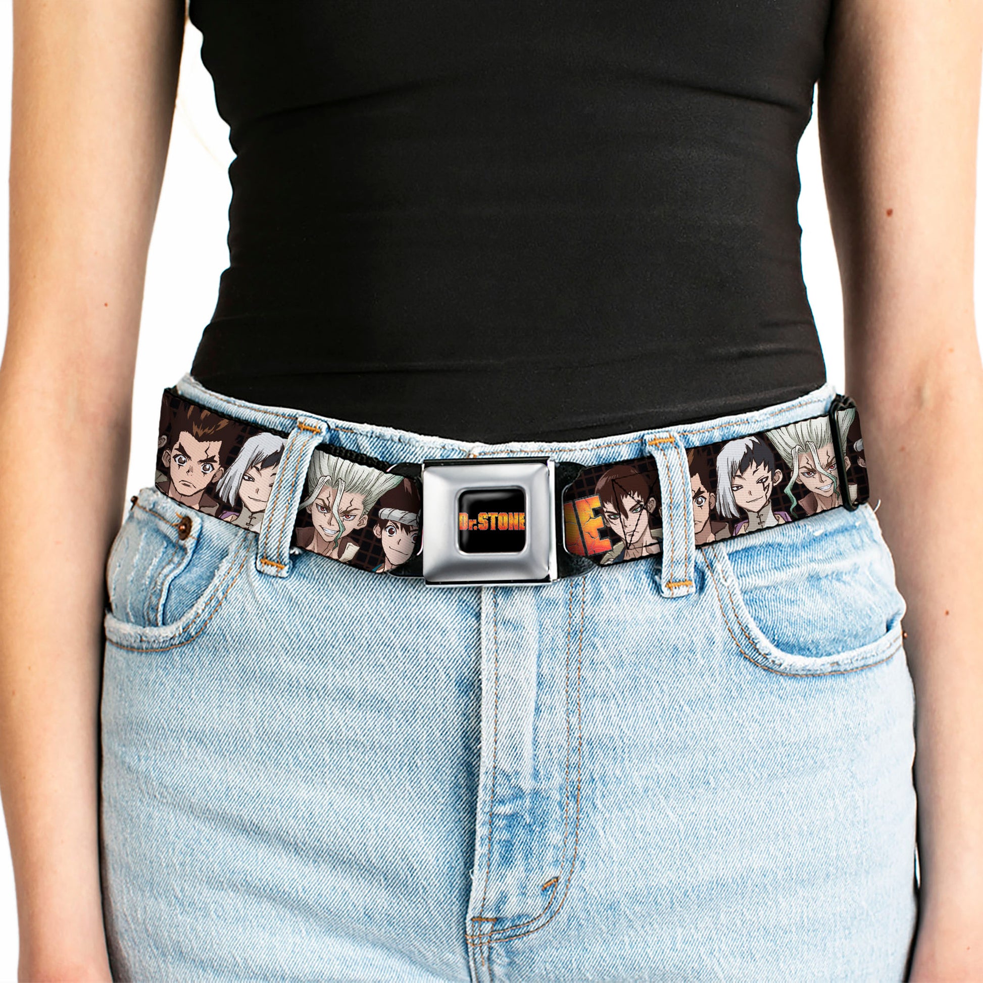 DR. STONE Title Logo Full Color Black/Orange Seatbelt Belt - DR. STONE Title Logo and Character Group Black Webbing Seatbelt Belts Dr. Stone