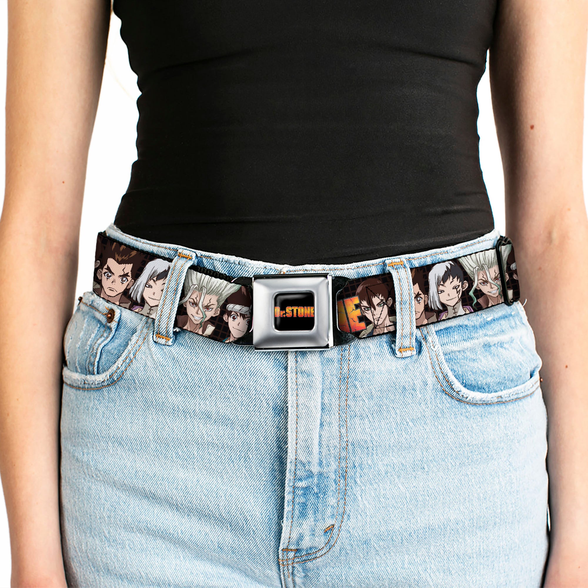 DR. STONE Title Logo Full Color Black/Orange Seatbelt Belt - DR. STONE Title Logo and Character Group Black Webbing Seatbelt Belts Dr. Stone