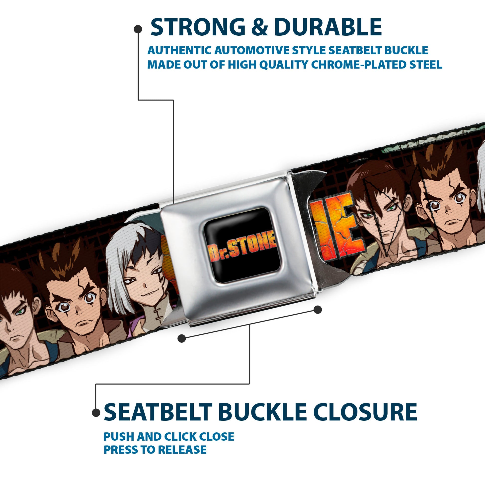 DR. STONE Title Logo Full Color Black/Orange Seatbelt Belt - DR. STONE Title Logo and Character Group Black Webbing Seatbelt Belts Dr. Stone
