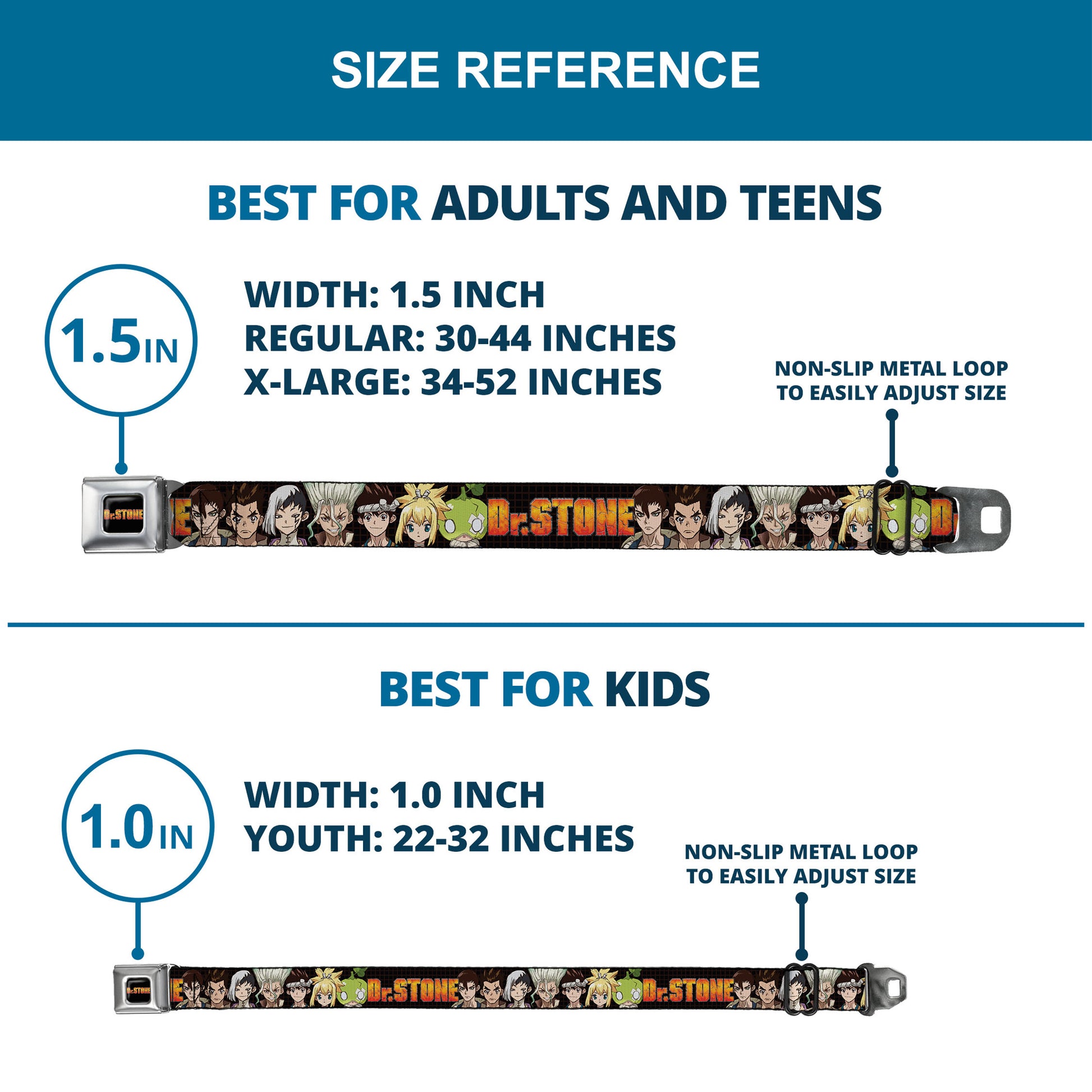 DR. STONE Title Logo Full Color Black/Orange Seatbelt Belt - DR. STONE Title Logo and Character Group Black Webbing Seatbelt Belts Dr. Stone