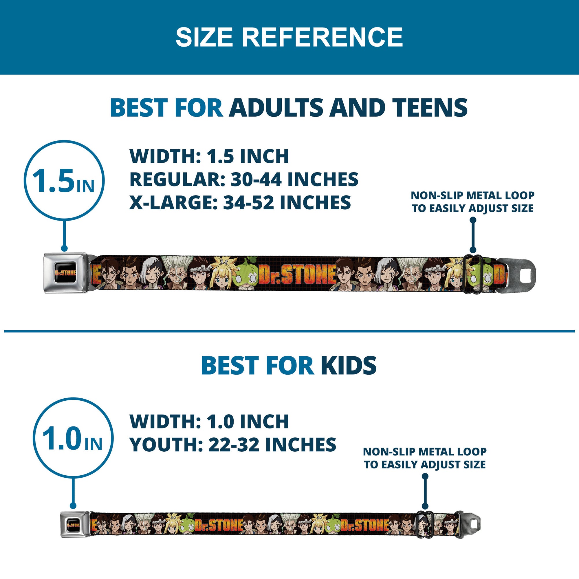 DR. STONE Title Logo Full Color Black/Orange Seatbelt Belt - DR. STONE Title Logo and Character Group Black Webbing Seatbelt Belts Dr. Stone