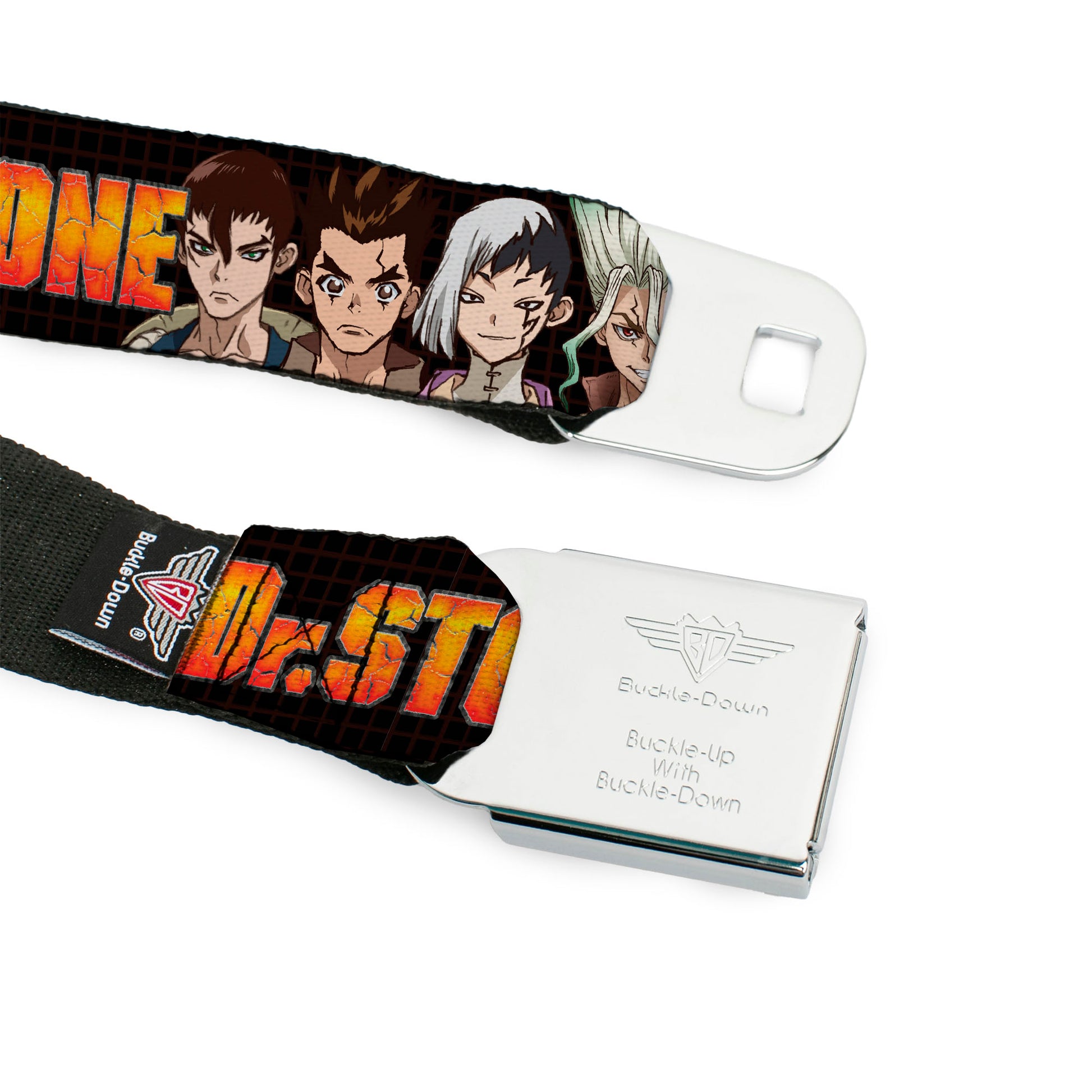DR. STONE Title Logo Full Color Black/Orange Seatbelt Belt - DR. STONE Title Logo and Character Group Black Webbing Seatbelt Belts Dr. Stone