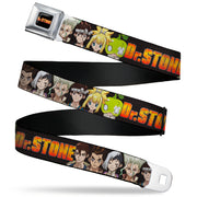 DR. STONE Title Logo Full Color Black/Orange Seatbelt Belt - DR. STONE Title Logo and Character Group Black Webbing Seatbelt Belts Dr. Stone