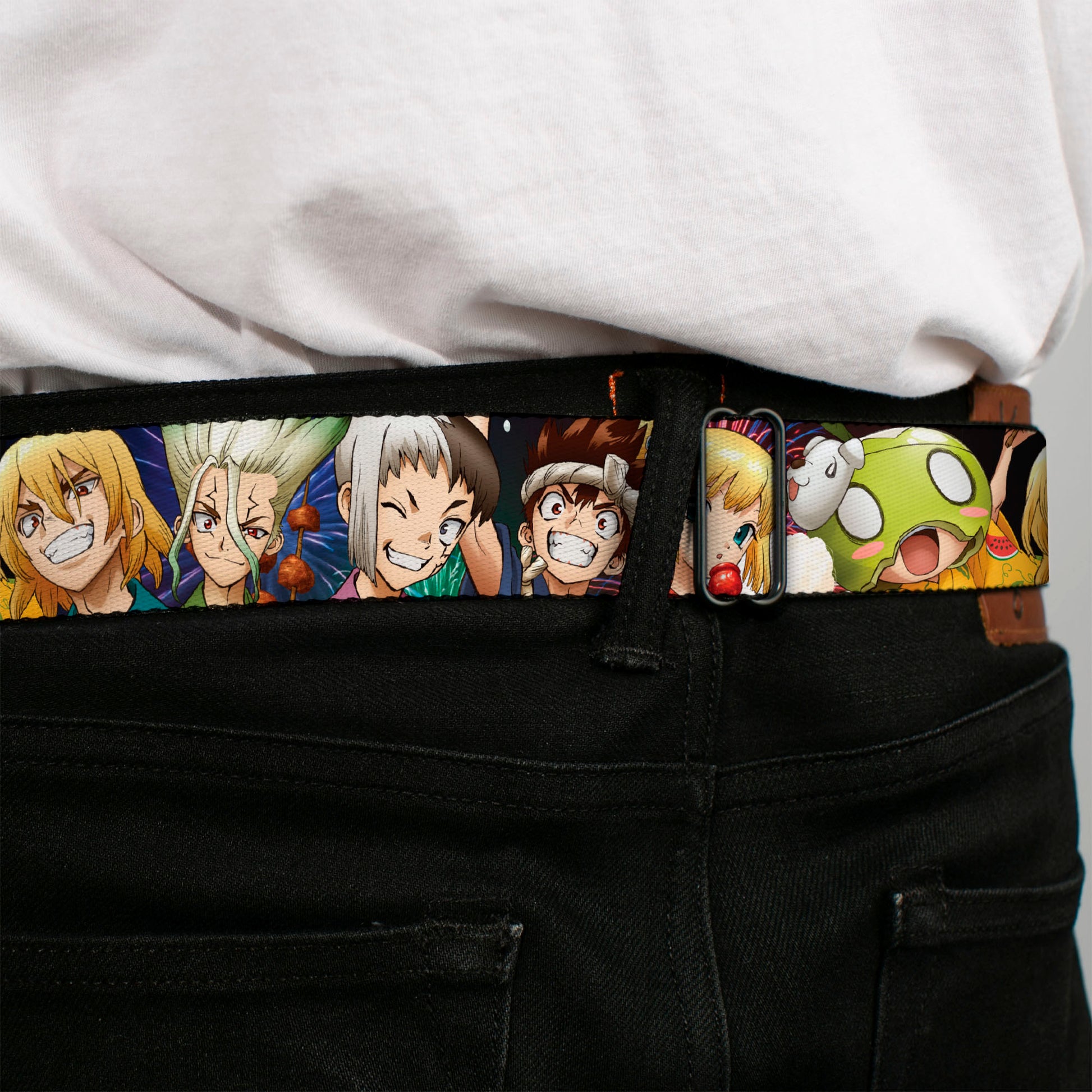 DR. STONE Title Logo Full Color Black/Orange Seatbelt Belt - Dr. Stone Character Group Faces Close-Up Webbing Seatbelt Belts Dr. Stone