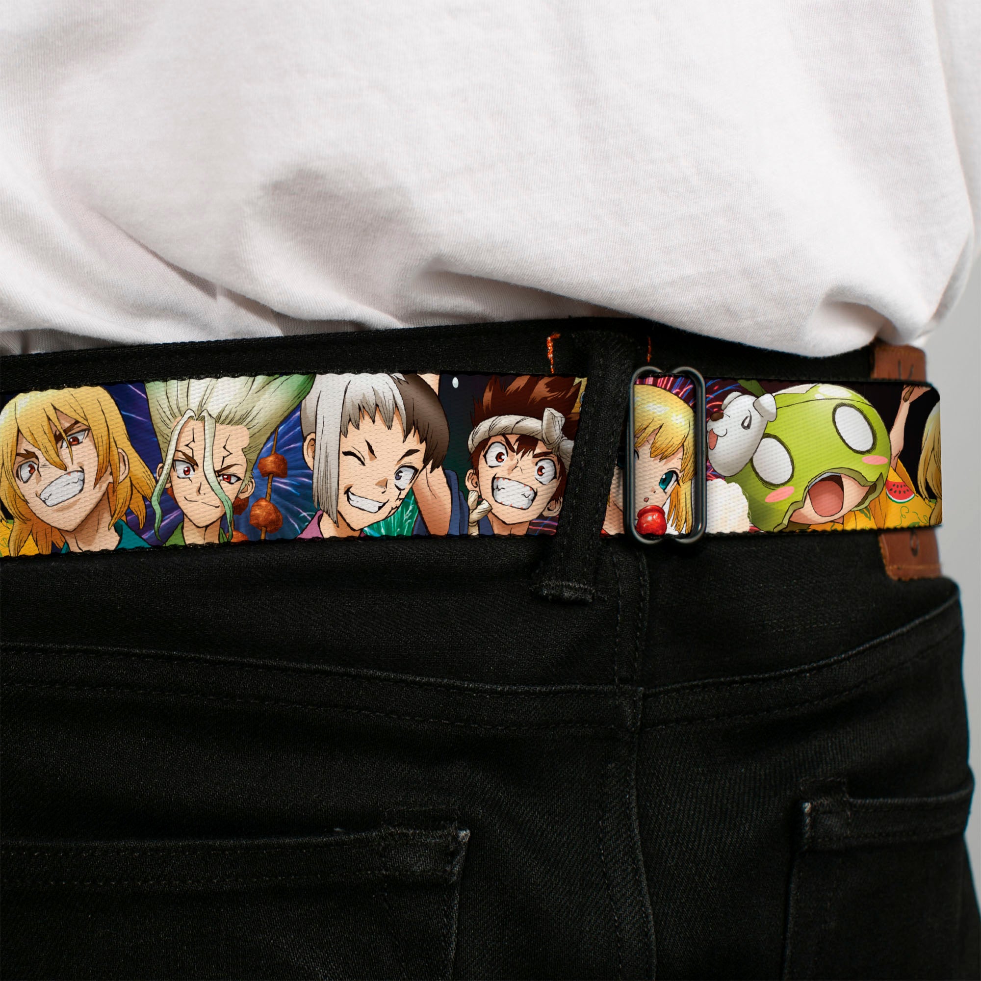 DR. STONE Title Logo Full Color Black/Orange Seatbelt Belt - Dr. Stone Character Group Faces Close-Up Webbing Seatbelt Belts Dr. Stone