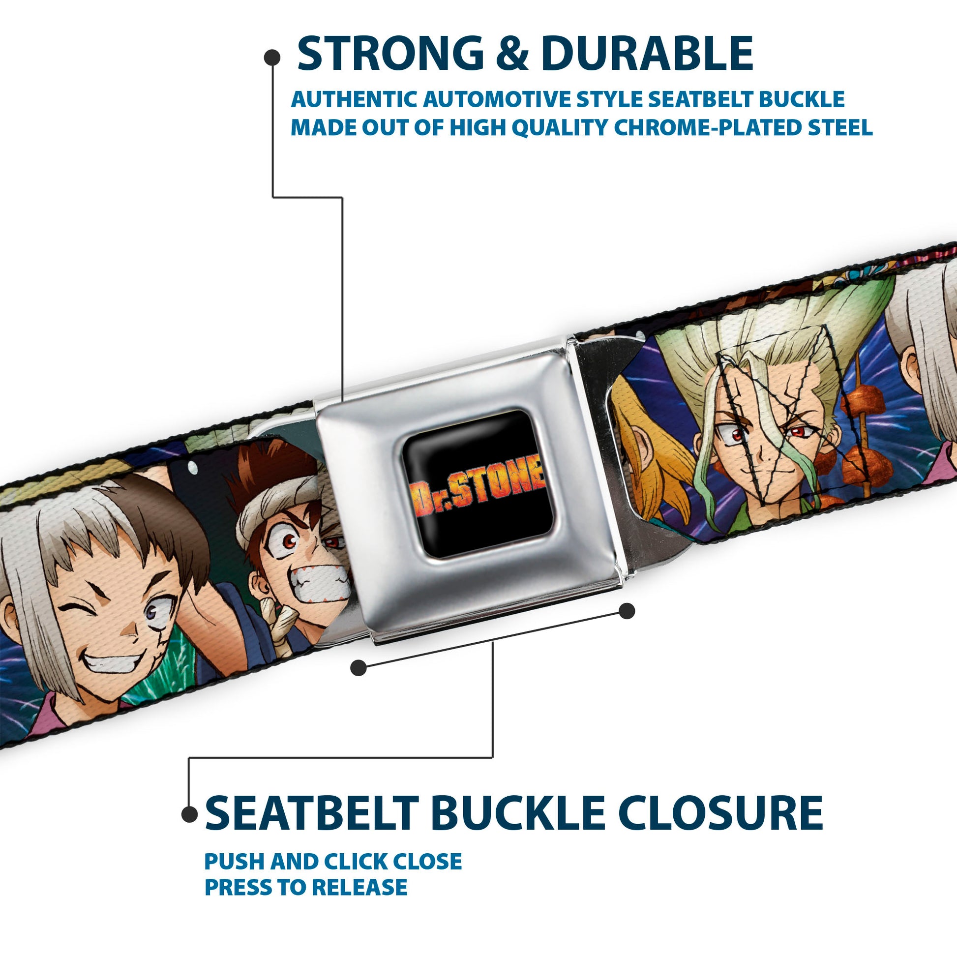 DR. STONE Title Logo Full Color Black/Orange Seatbelt Belt - Dr. Stone Character Group Faces Close-Up Webbing Seatbelt Belts Dr. Stone